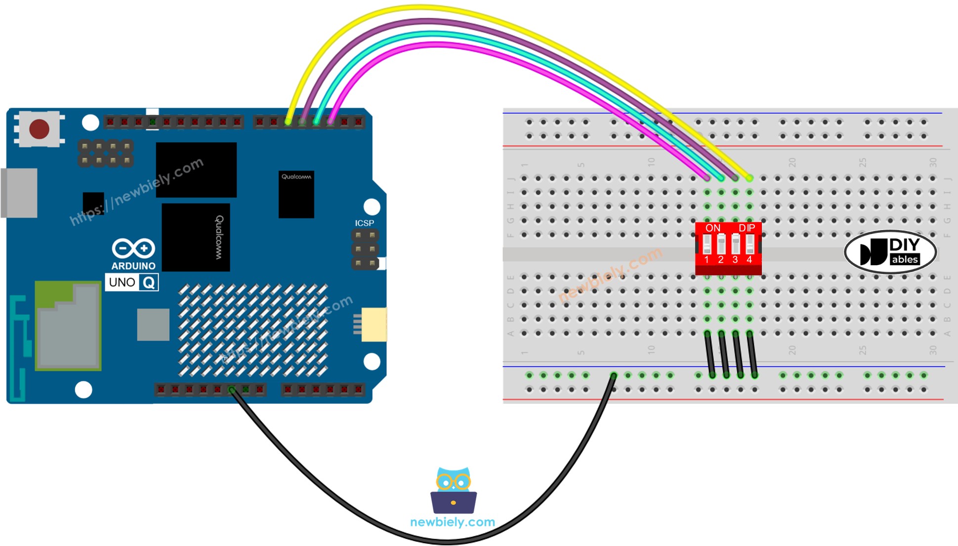 The wiring diagram between Arduino UNO Q DIP Switch