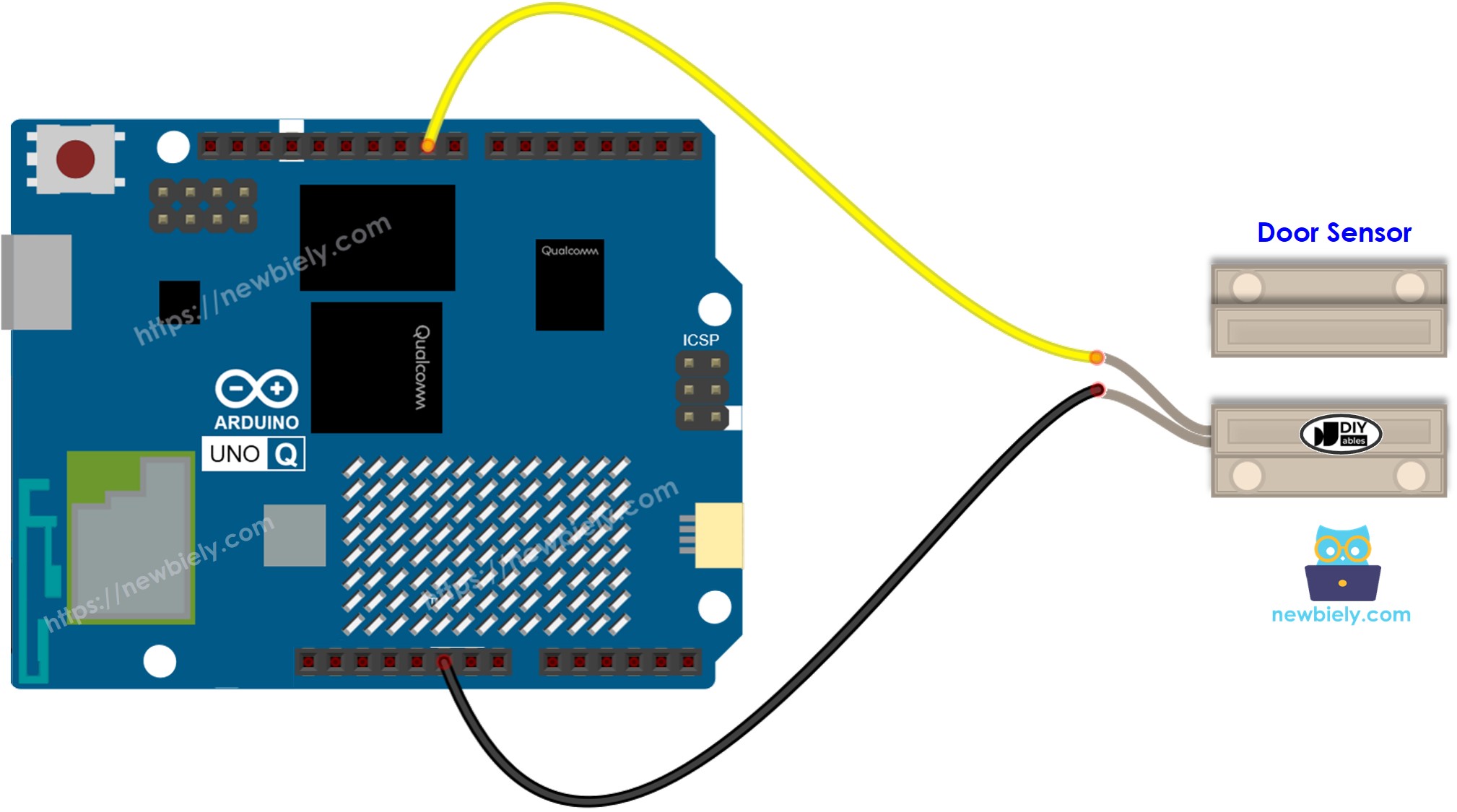 The wiring diagram between Arduino UNO Q Door Sensor