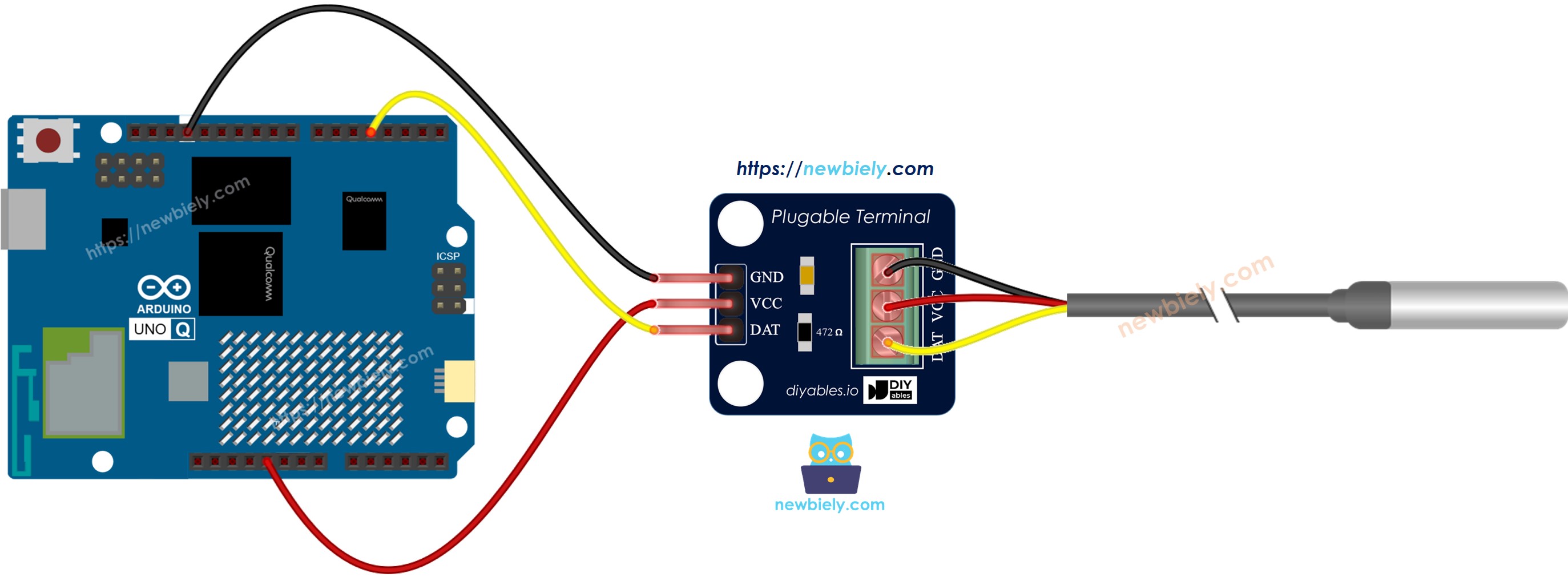 The wiring diagram between Arduino UNO Q DS18B20 Adapter