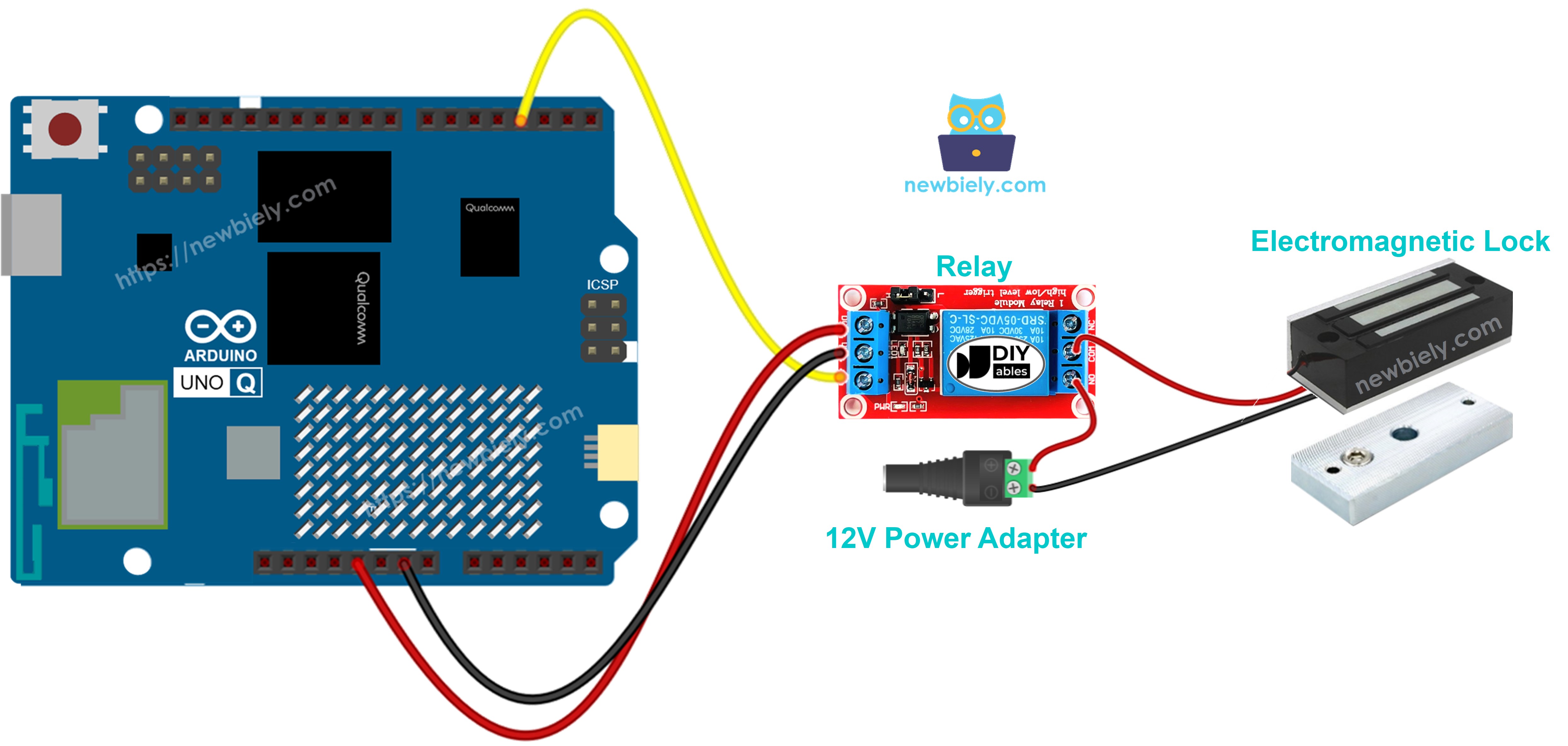 The wiring diagram between Arduino UNO Q Electromagnetic Lock