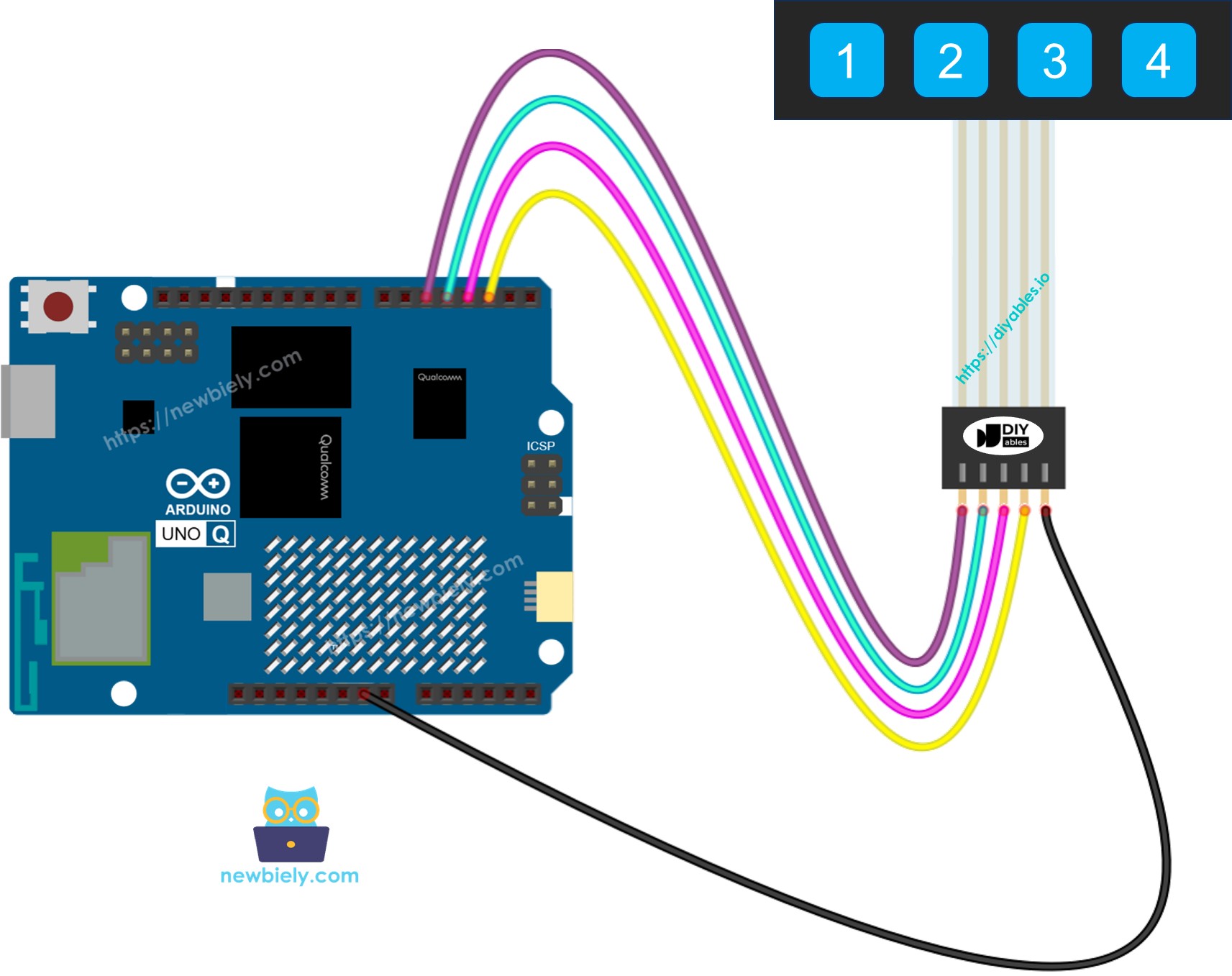 The wiring diagram between Arduino UNO Q Keypad 1x4
