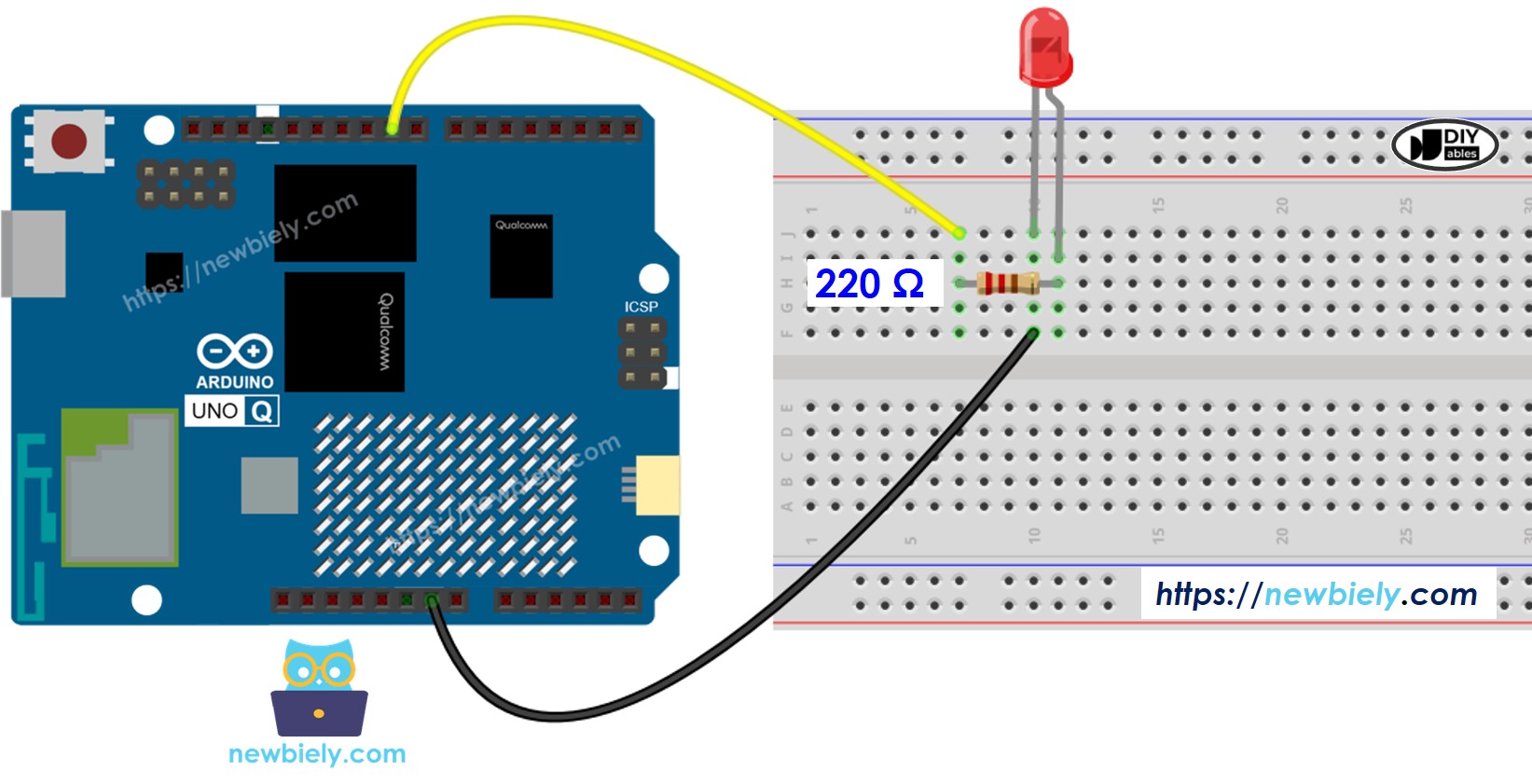 The wiring diagram between Arduino UNO Q LED