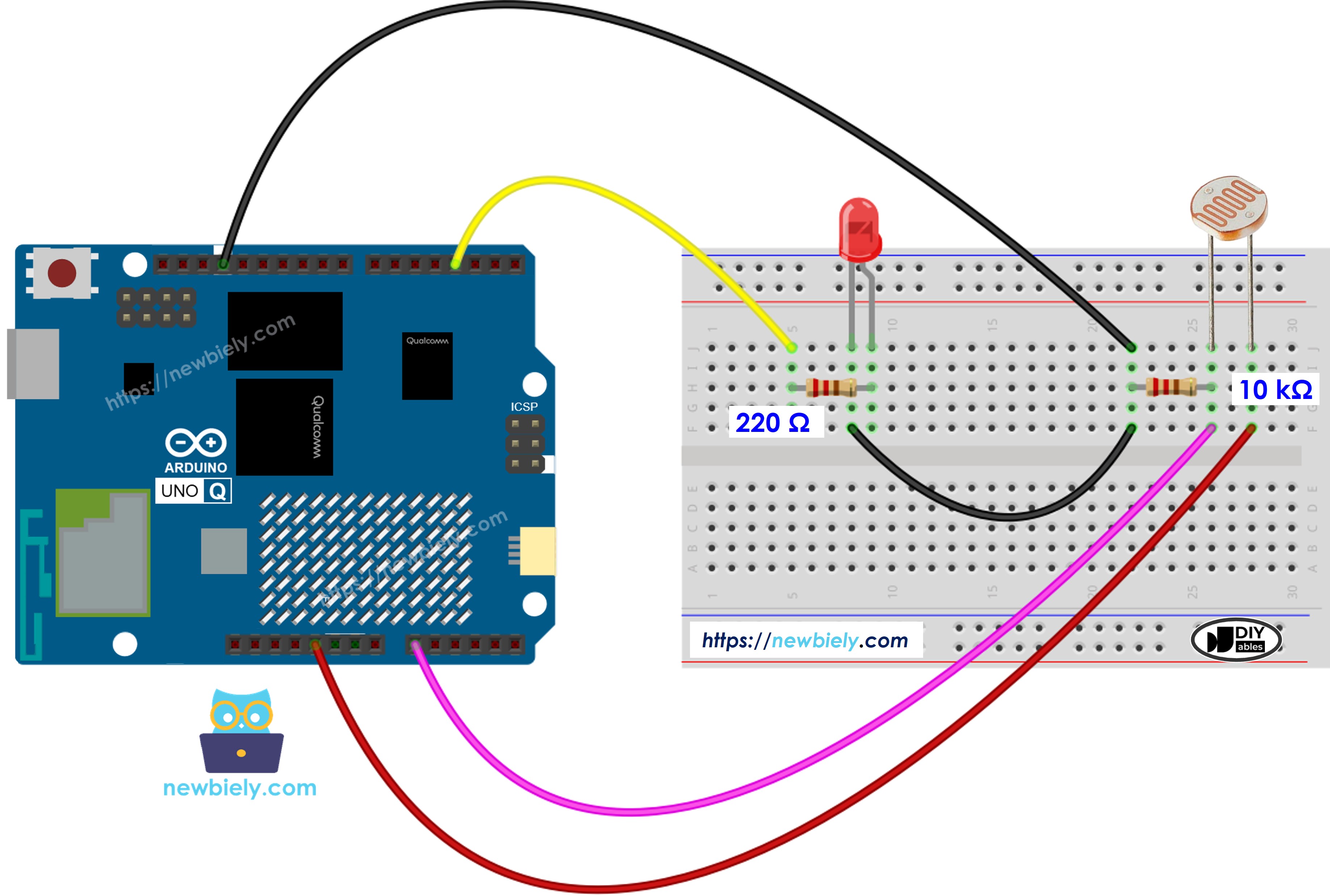The wiring diagram between Arduino UNO Q Light Sensor LED
