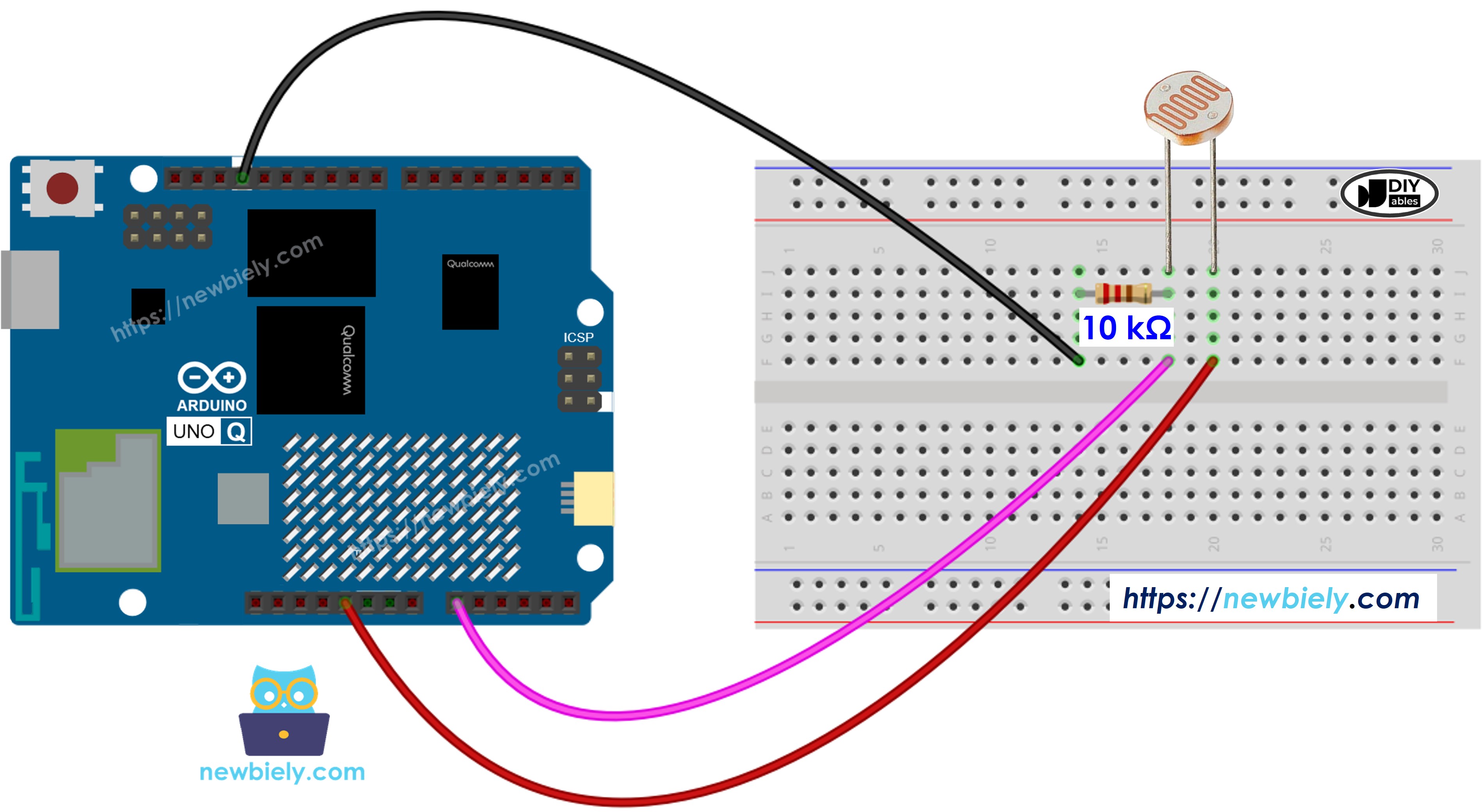 The wiring diagram between Arduino UNO Q Light Sensor