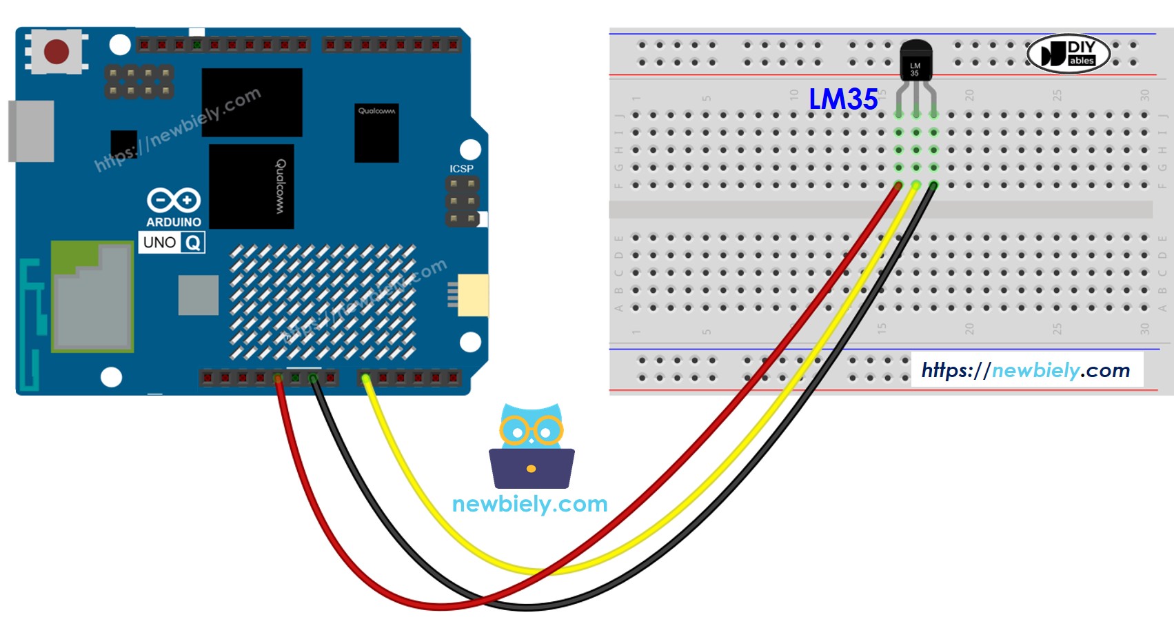The wiring diagram between Arduino UNO Q LM35 Temperature Sensor