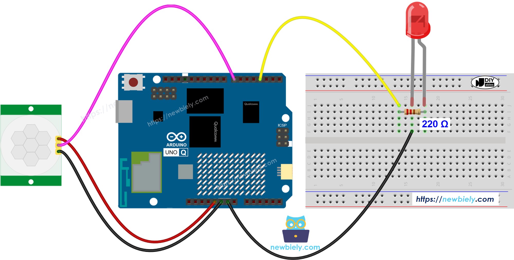 The wiring diagram between Arduino UNO Q Motion Sensor LED