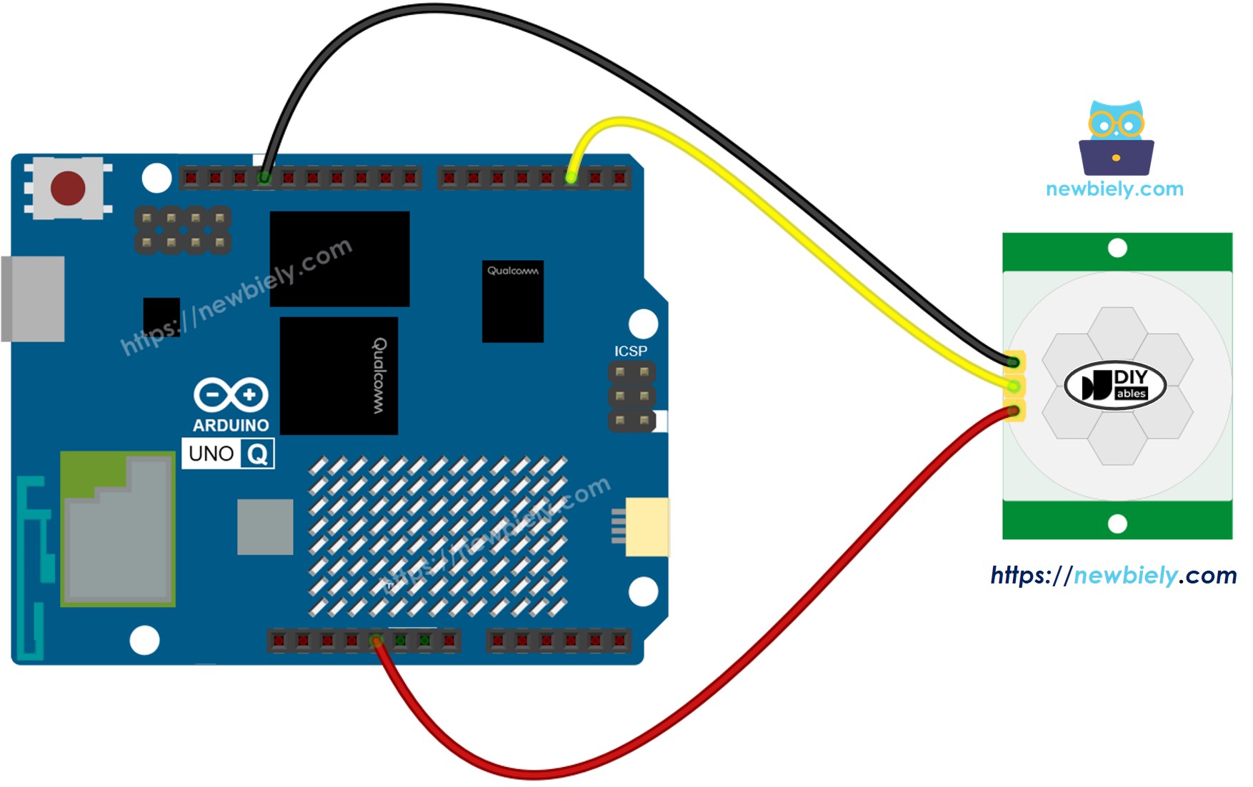 The wiring diagram between Arduino UNO Q Motion Sensor