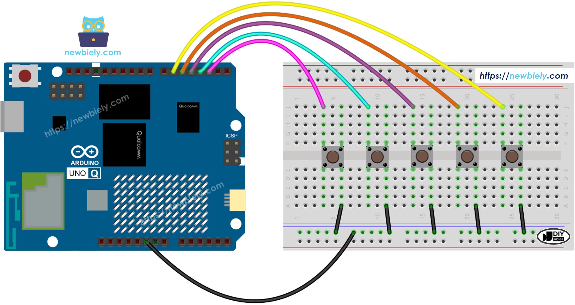 The wiring diagram between Arduino UNO Q Multiple Button