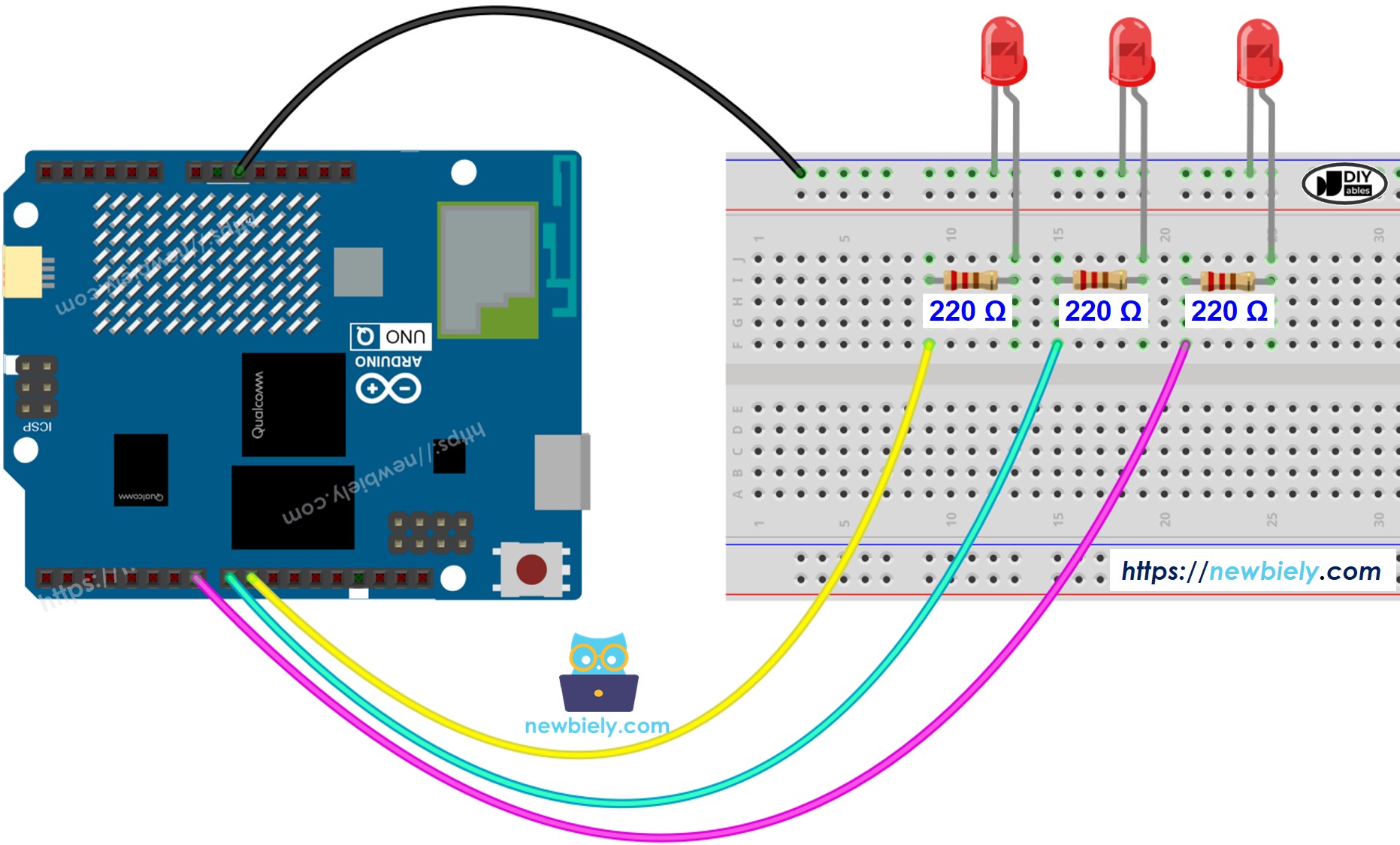 The wiring diagram between Arduino UNO Q Multiple LED