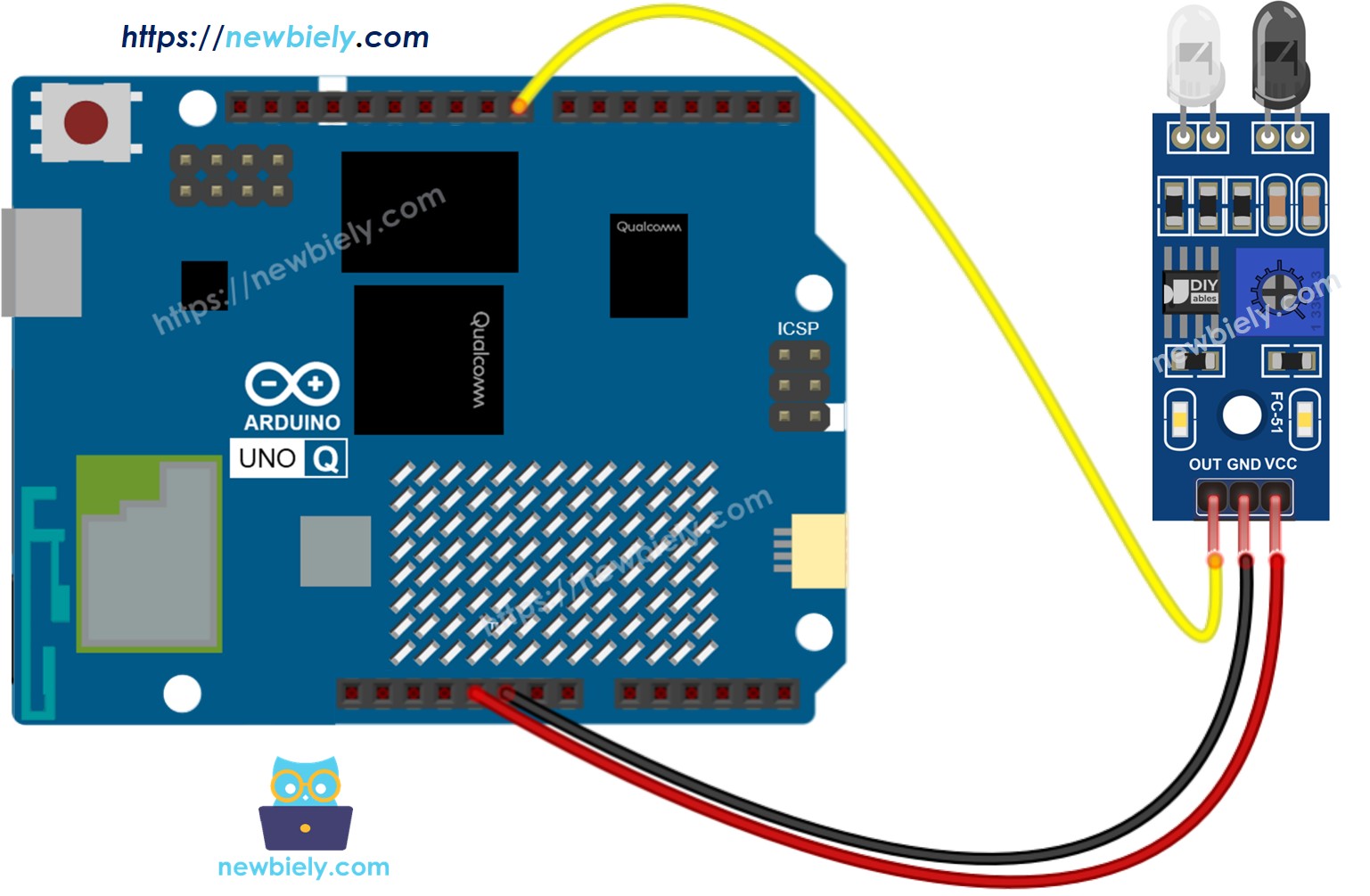 The wiring diagram between Arduino UNO Q IR Obstacle Avoidance Sensor
