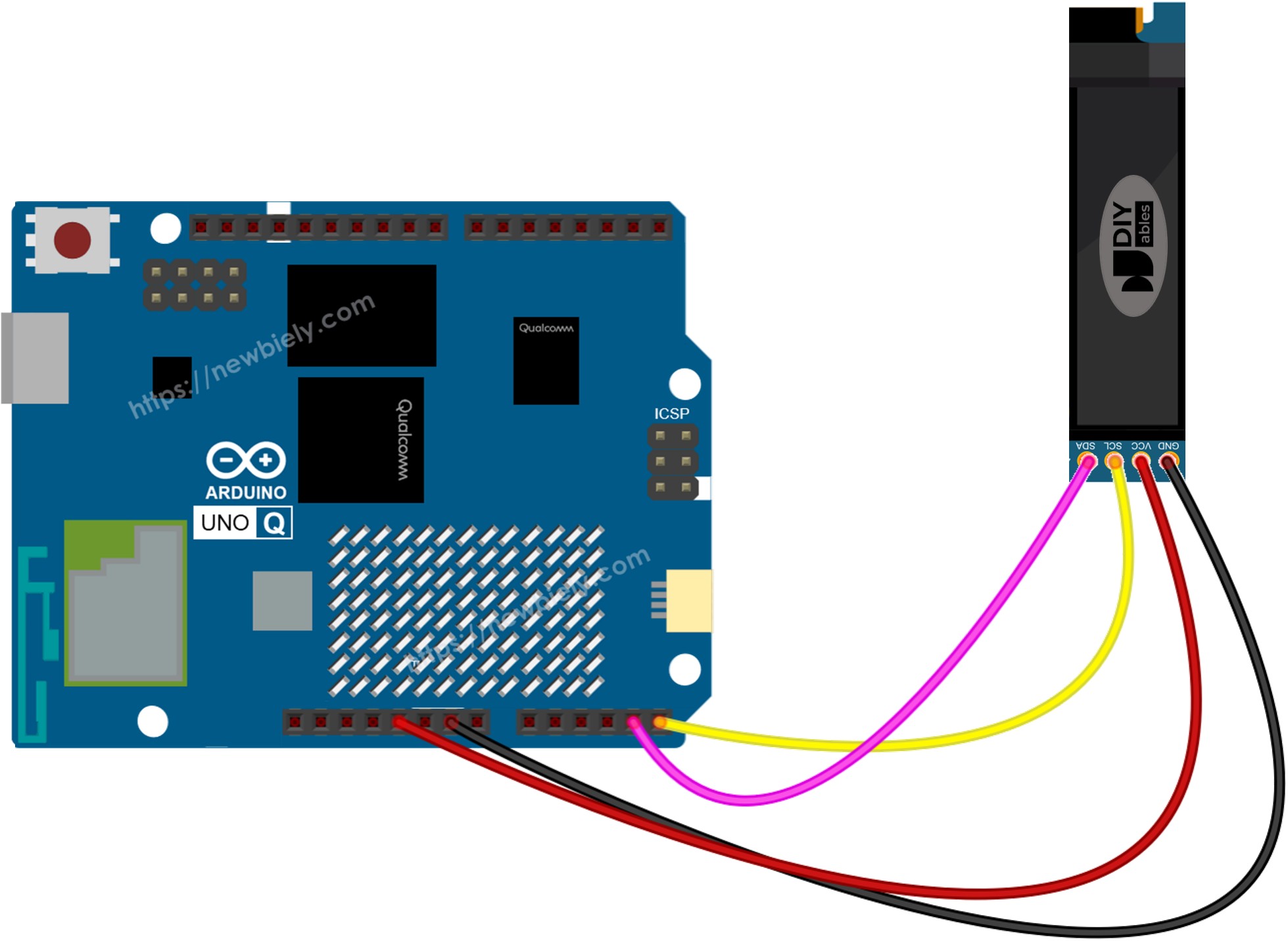 The wiring diagram between Arduino UNO Q OLED 128x32