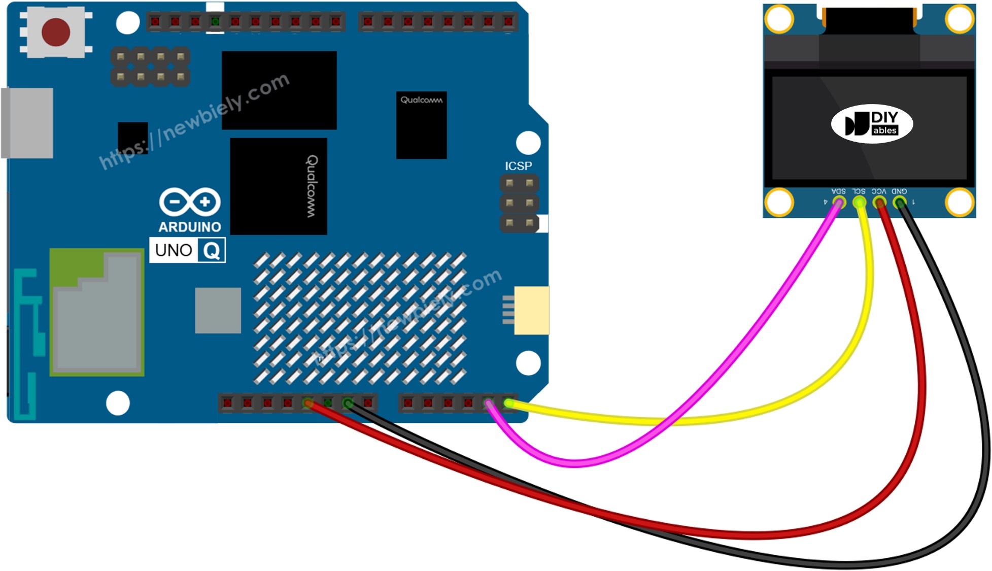 The wiring diagram between Arduino UNO Q OLED 128x64