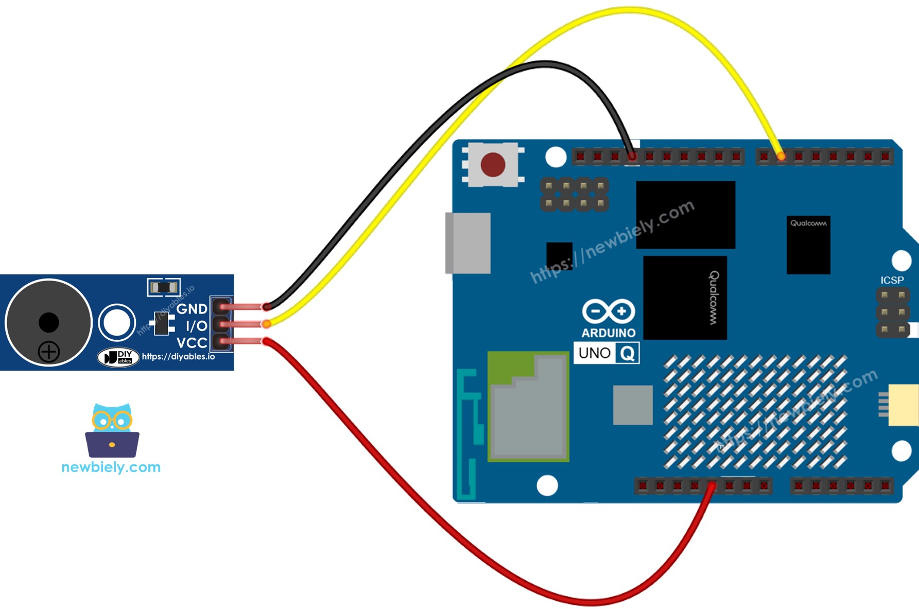 The wiring diagram between Arduino UNO Q Piezo Buzzer Module