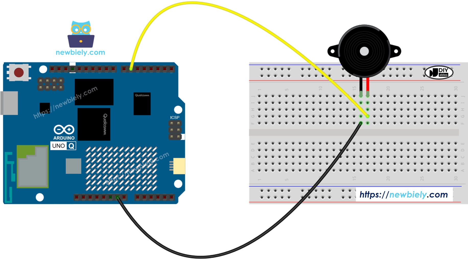 The wiring diagram between Arduino UNO Q Piezo Buzzer