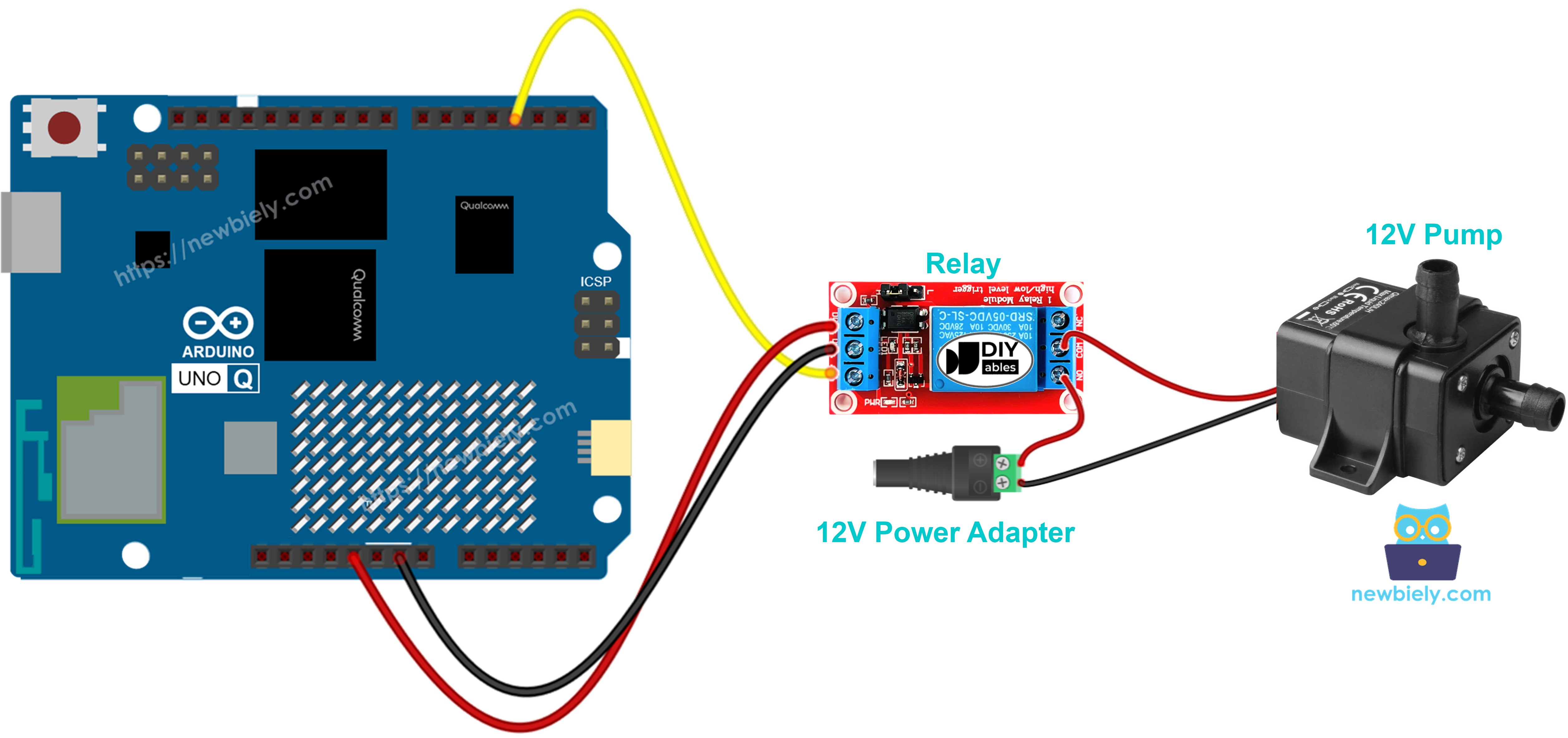 The wiring diagram between Arduino UNO Q Pump