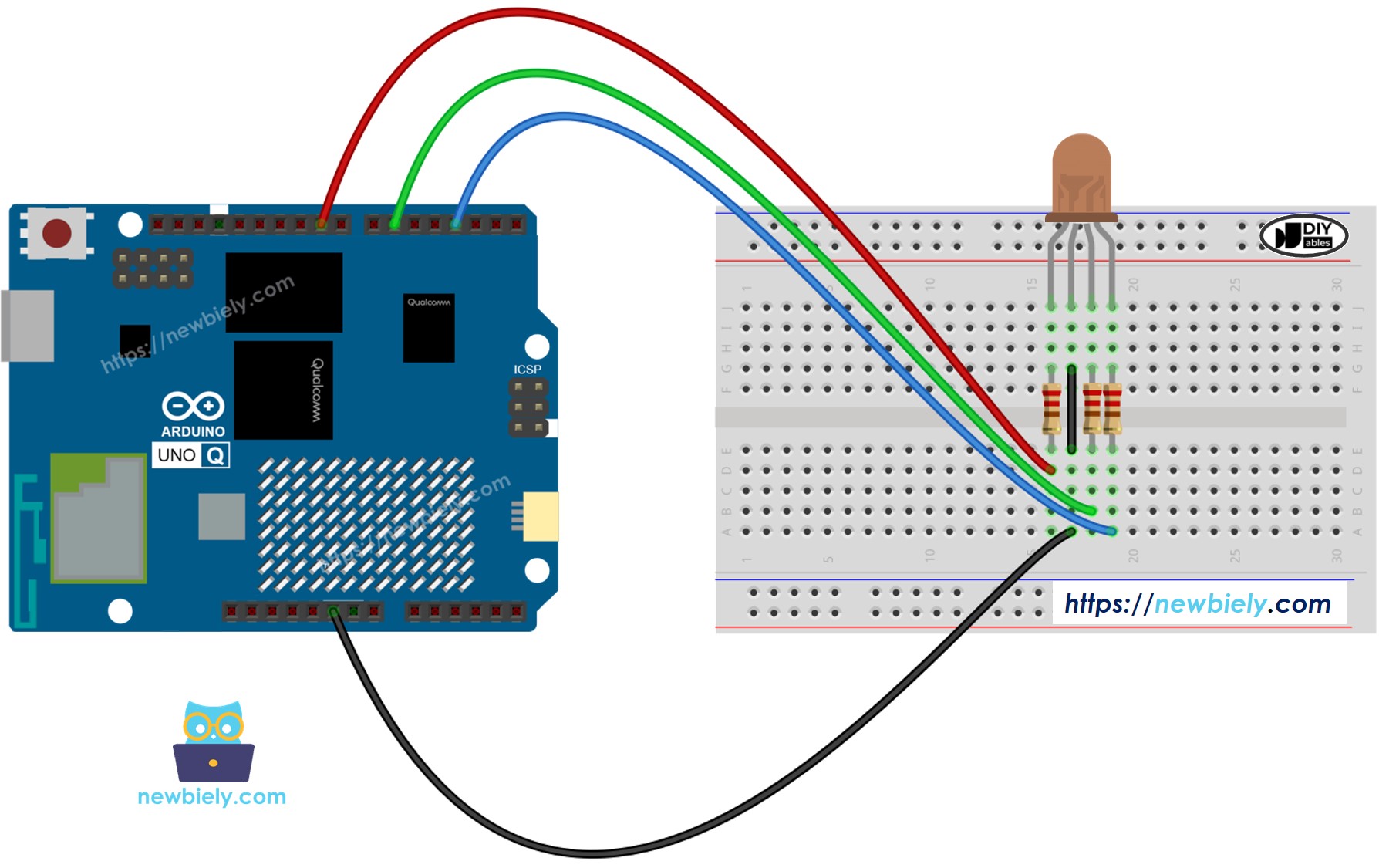 The wiring diagram between Arduino UNO Q RGB LED