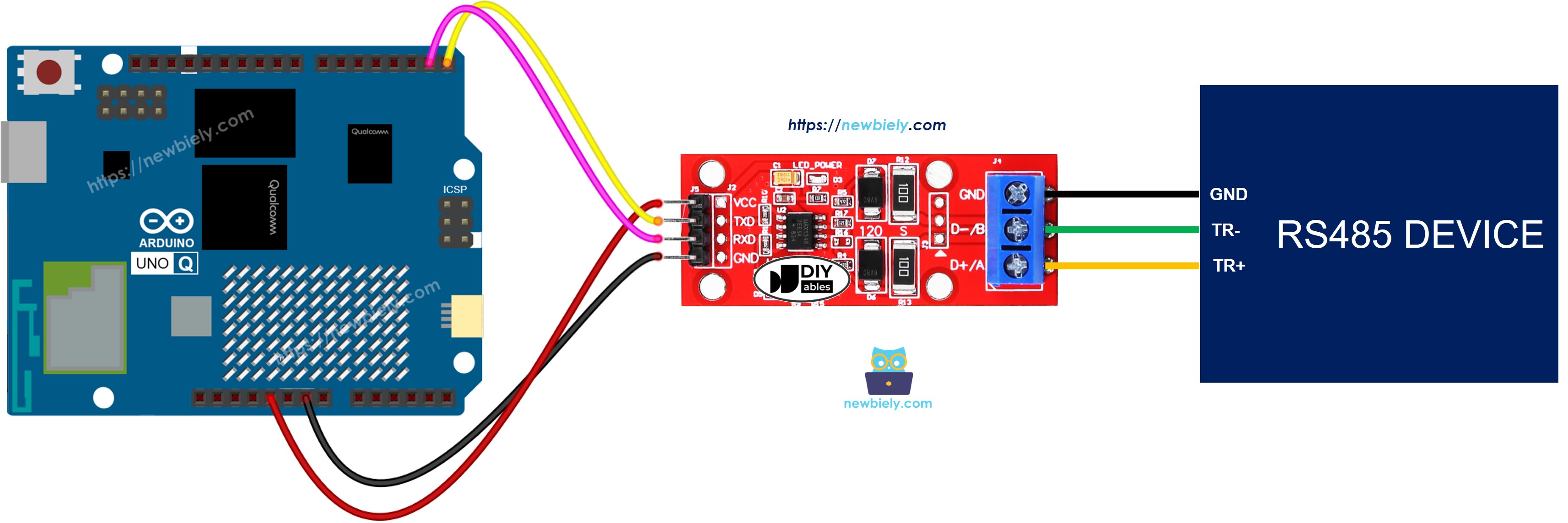 The wiring diagram between Arduino UNO Q TTL to RS485 Module