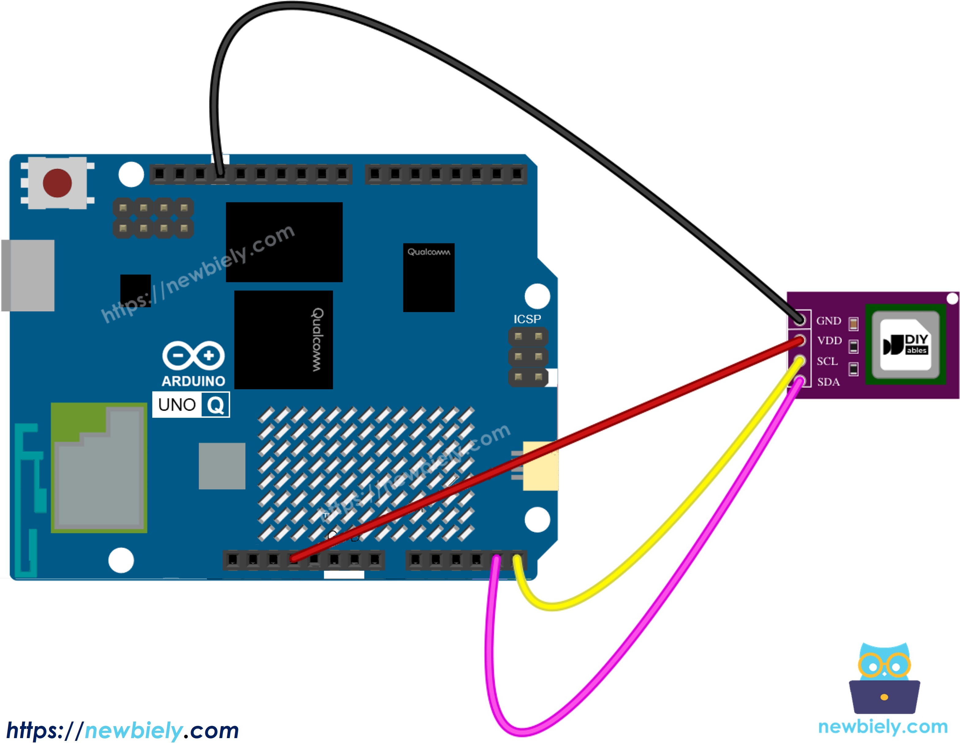 The wiring diagram between Arduino UNO Q SCD40 CO2 sensor