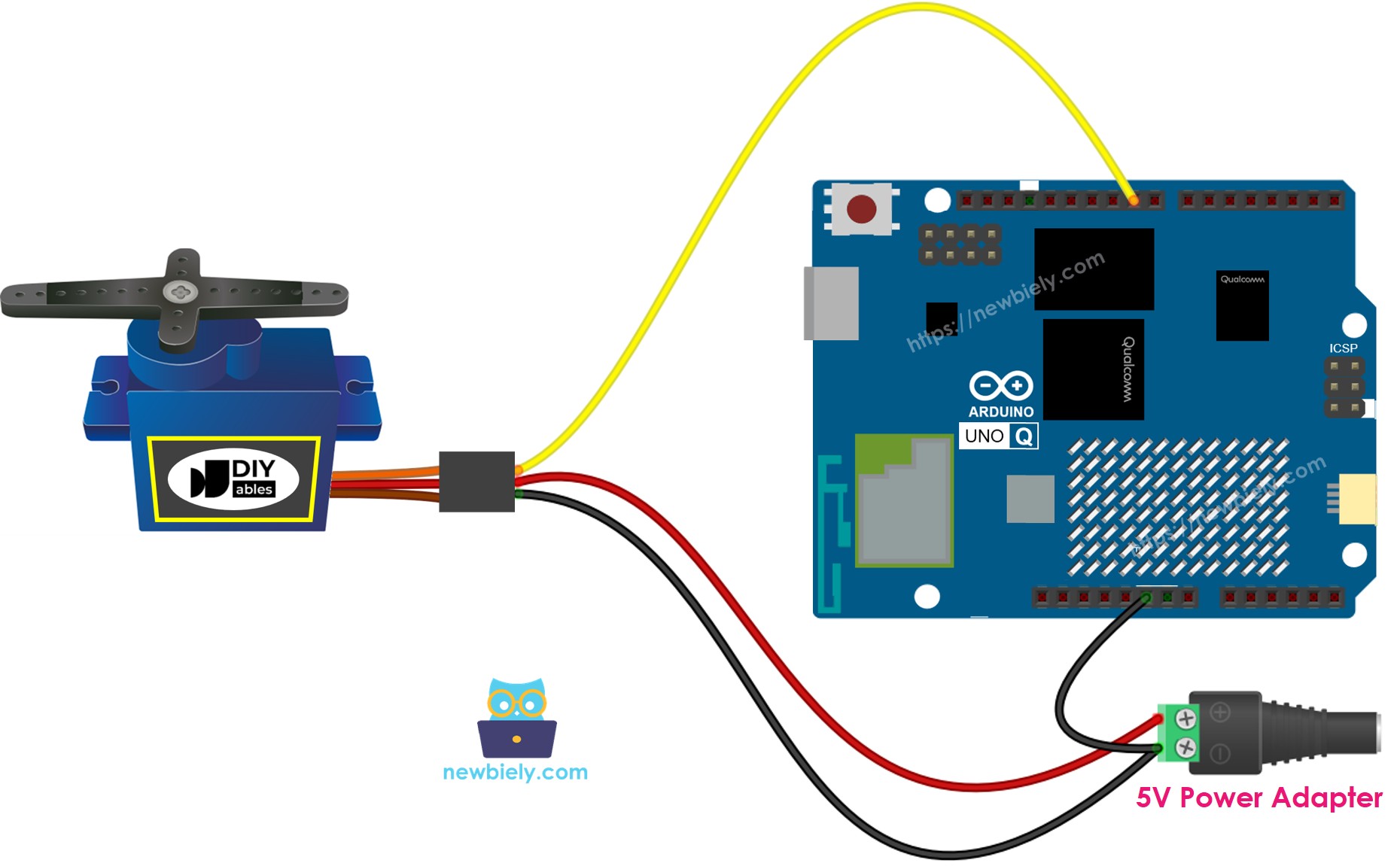 The wiring diagram between Arduino UNO Q servo motor external power supply