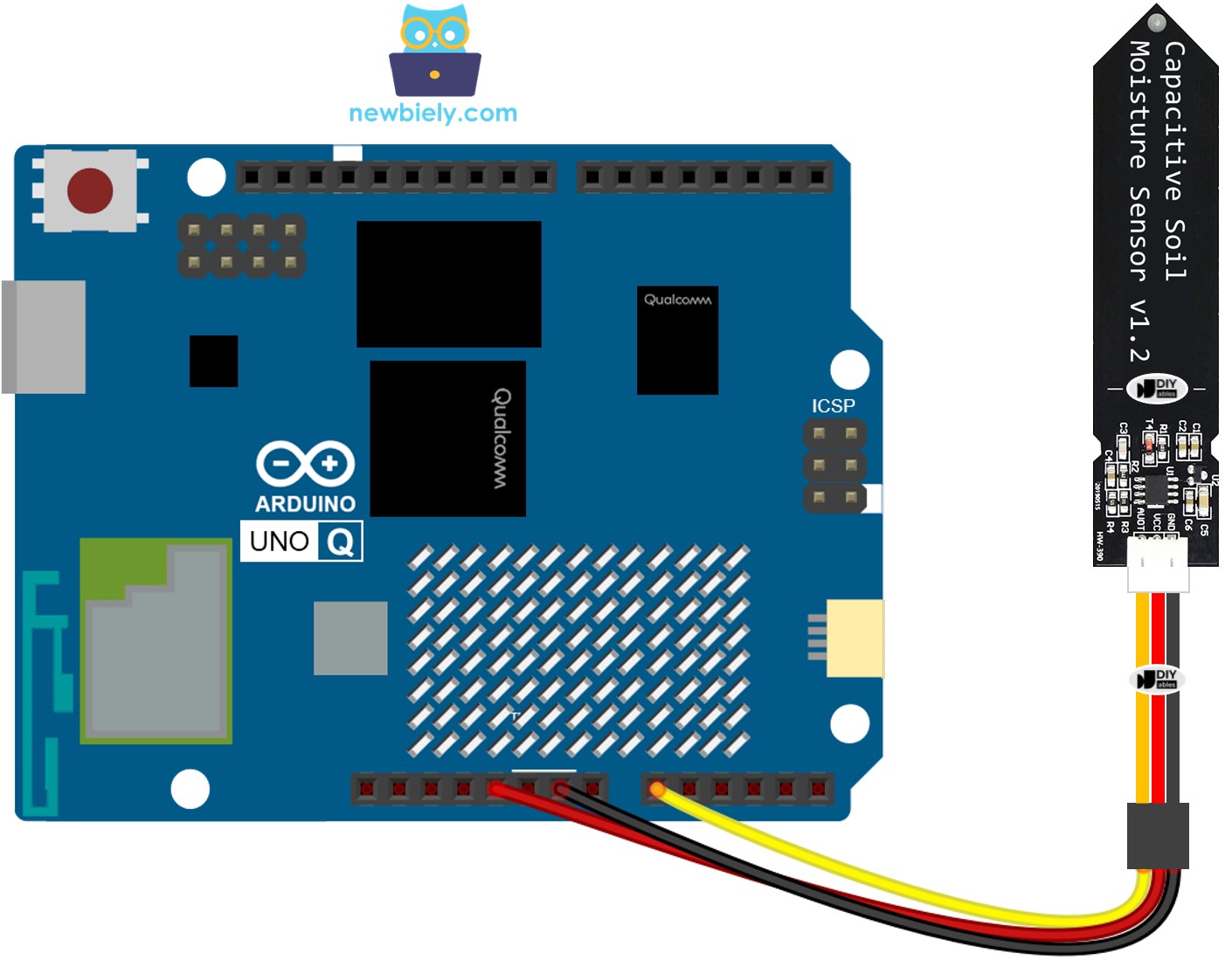 The wiring diagram between Arduino UNO Q Soil Moisture Sensor