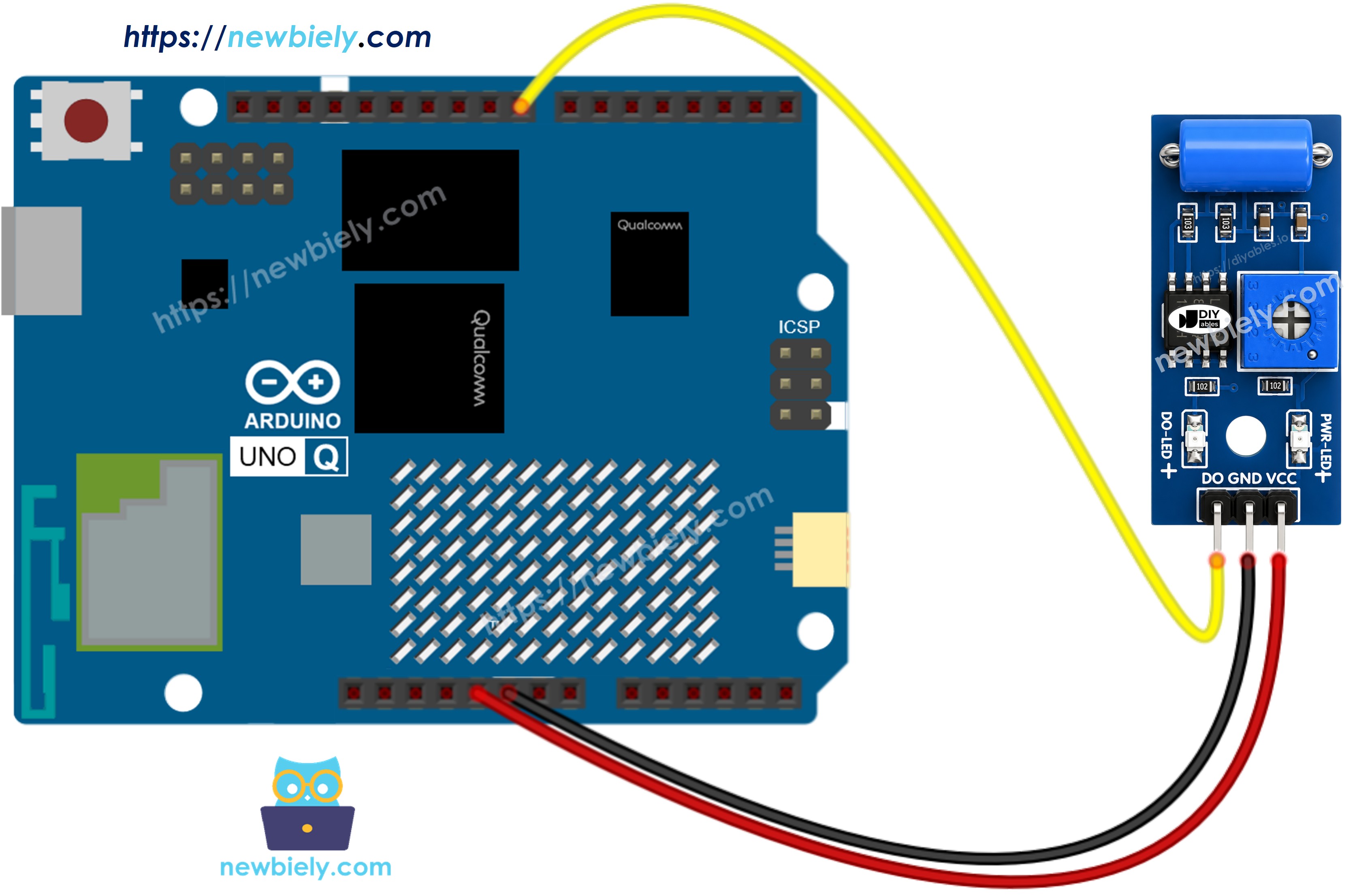 The wiring diagram between Arduino UNO Q SW-420 Vibration Sensor