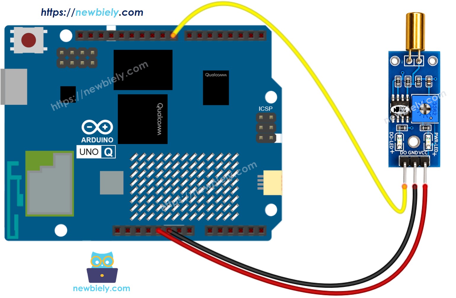 The wiring diagram between Arduino UNO Q SW520D Tilt Sensor