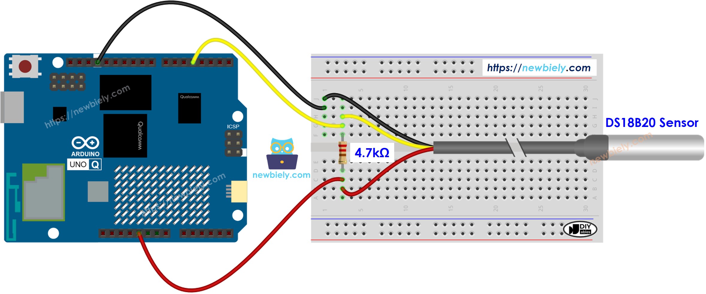 The wiring diagram between Arduino UNO Q Temperature Sensor