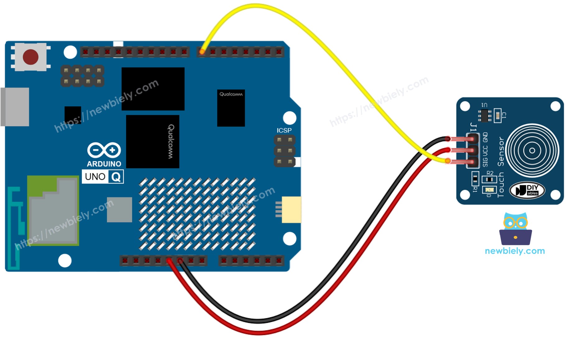 The wiring diagram between Arduino UNO Q Touch Sensor