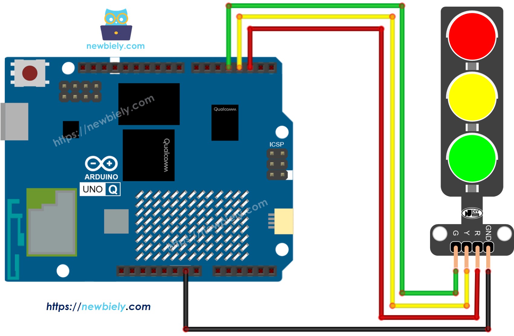 The wiring diagram between Arduino UNO Q Traffic Light