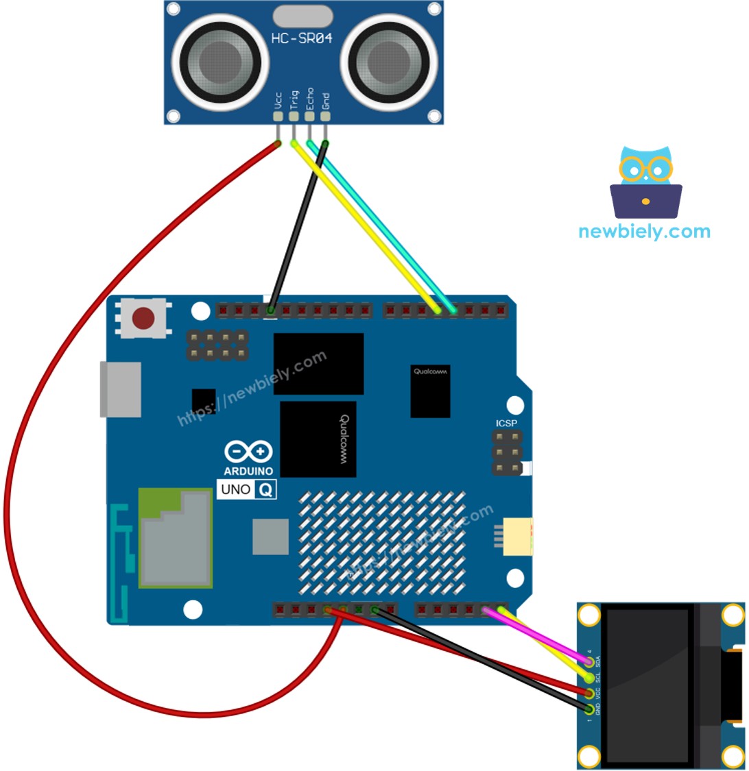 The wiring diagram between Arduino UNO Q Ultrasonic Sensor OLED