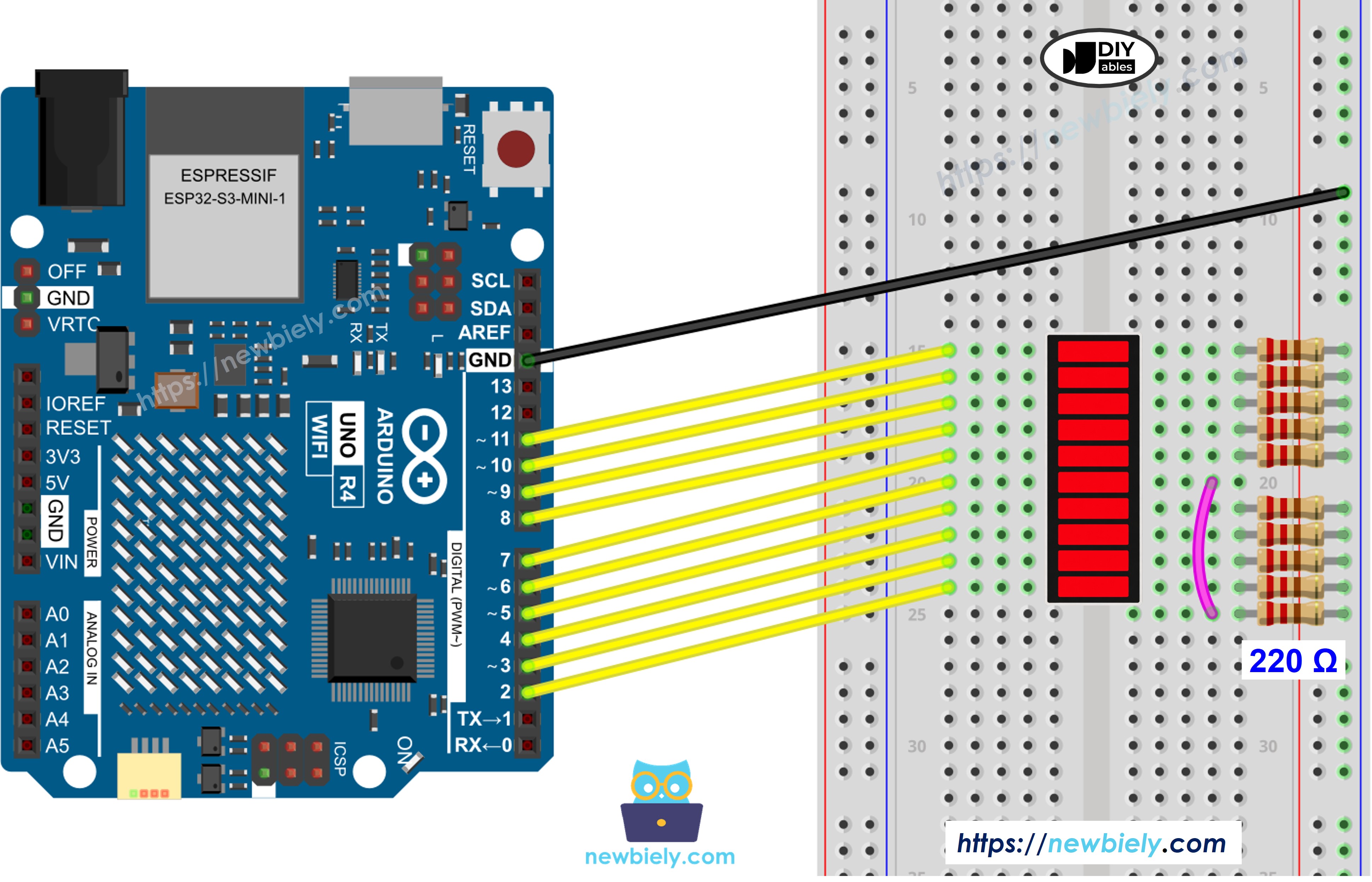The wiring diagram between Arduino UNO R4 and 10 Segment LED Bar Graph