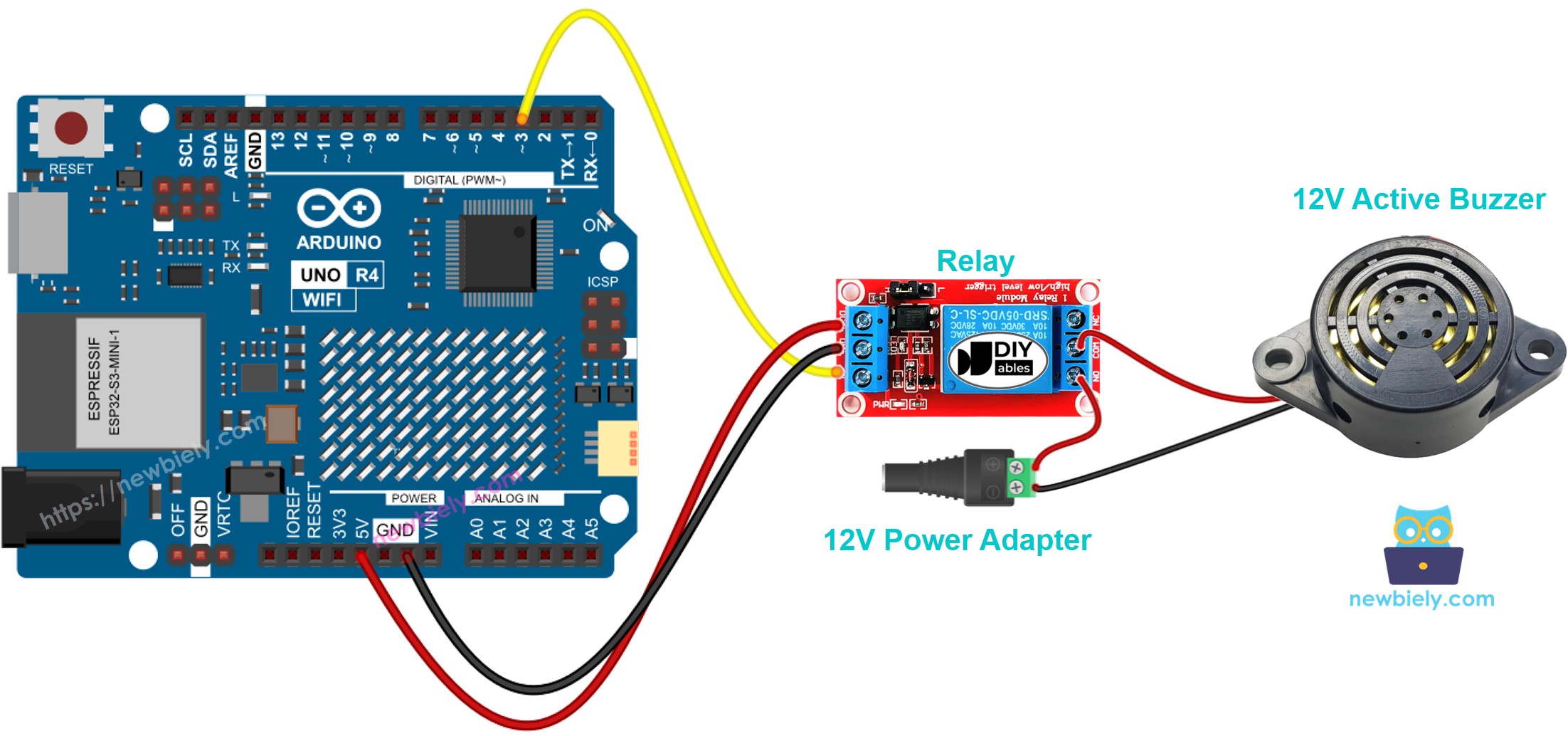 The wiring diagram between Arduino UNO R4 12V Active Buzzer