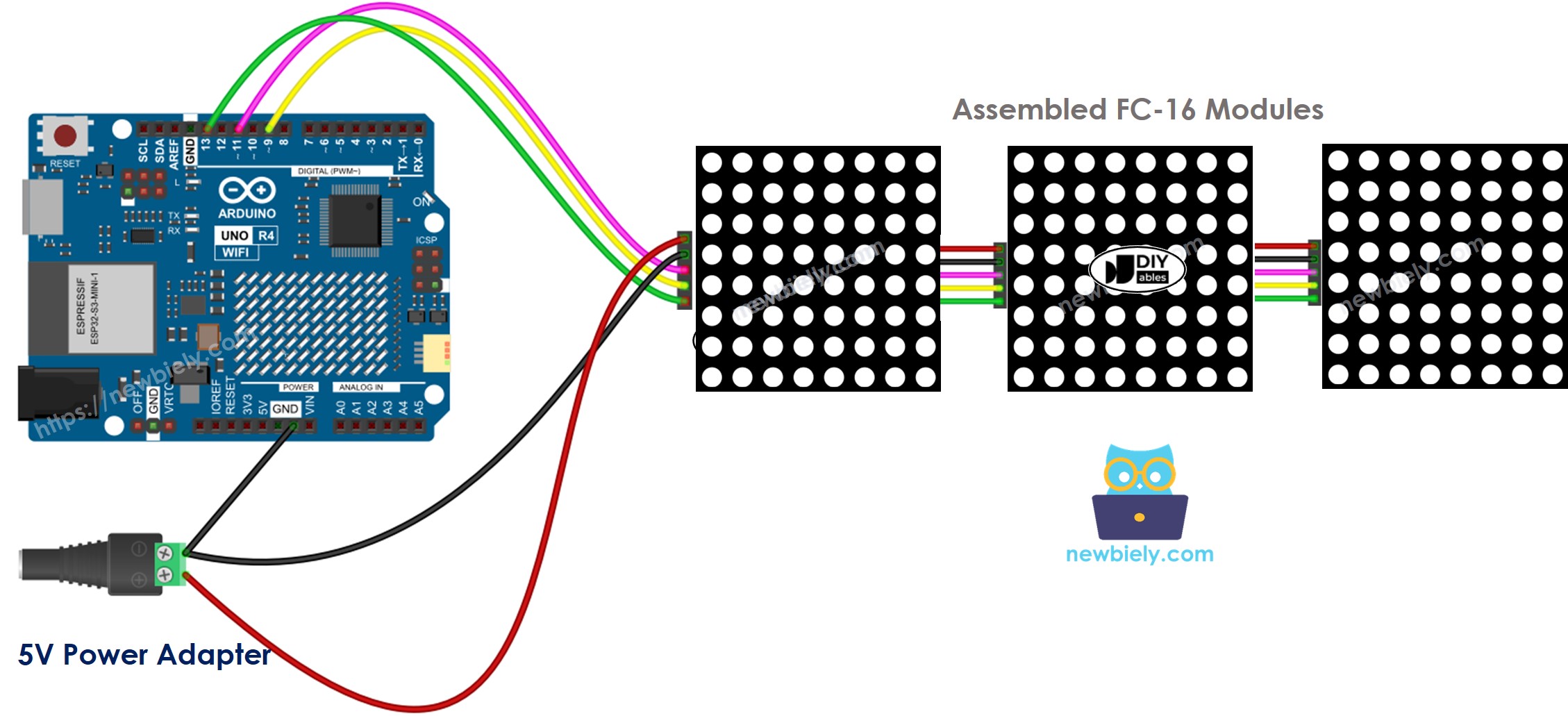 Arduino UNO R4 32x8 LED matrix wiring FC-16 diagram