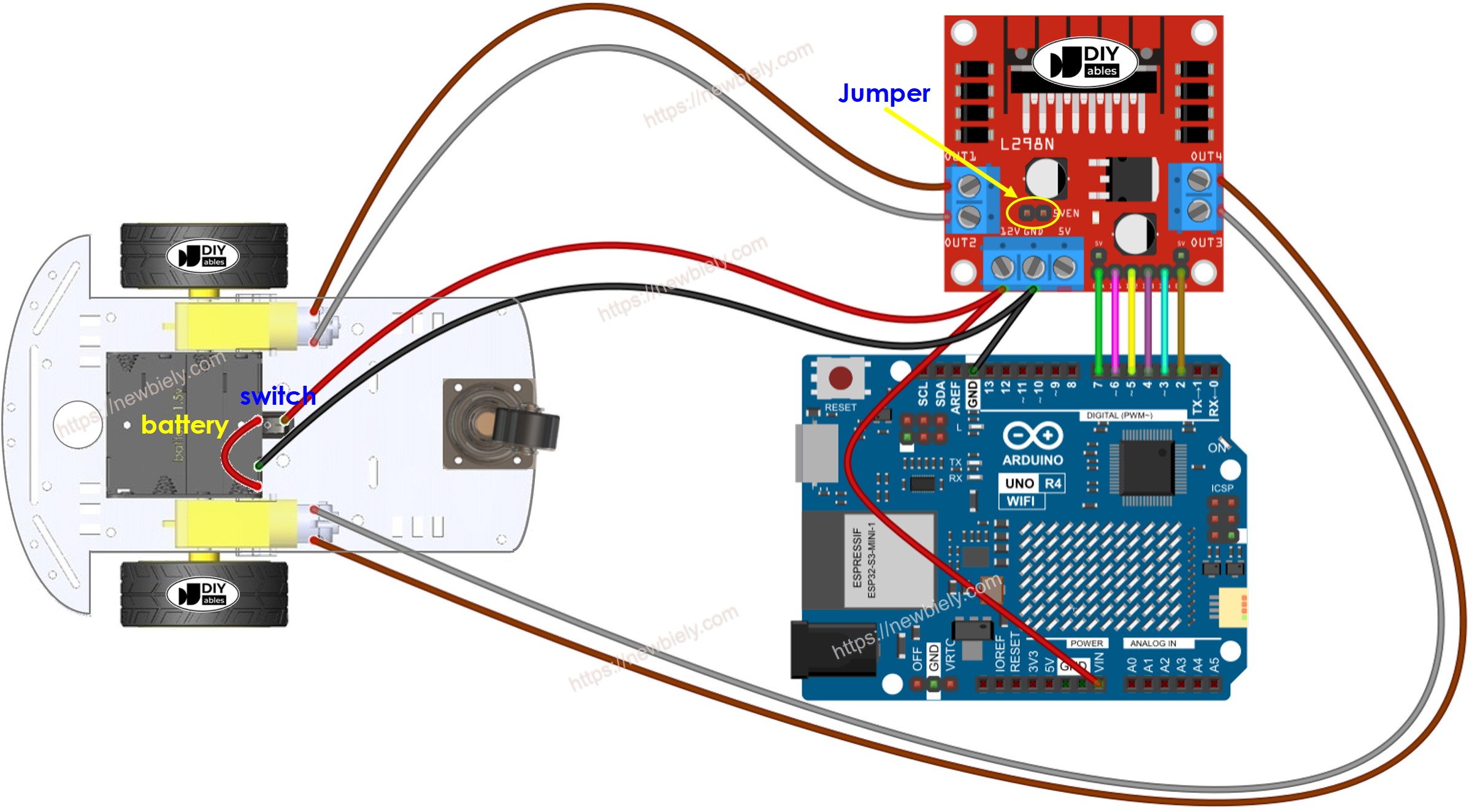 The wiring diagram between Arduino UNO R4 2WD RC Car