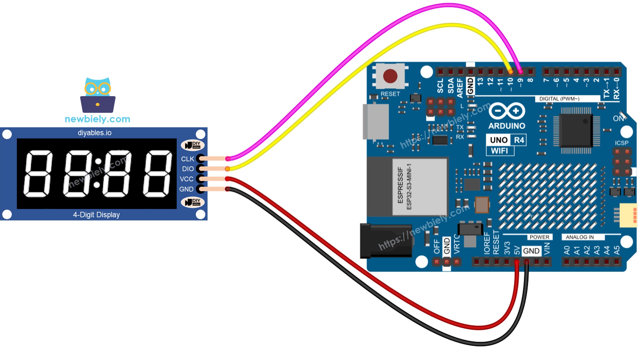 The wiring diagram between Arduino UNO R4 TM1637 Module