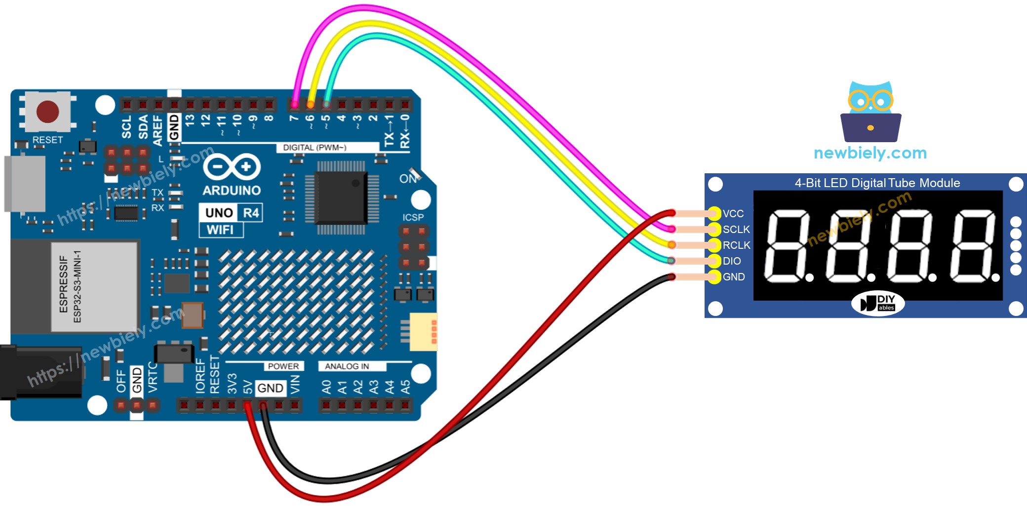 The wiring diagram between Arduino UNO R4 74HC595 Module