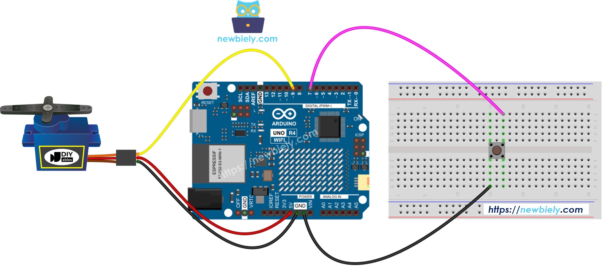 The wiring diagram between Arduino UNO R4 Button Servo Motor