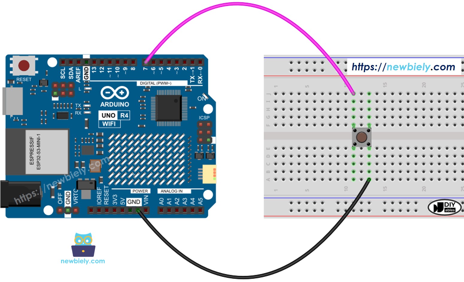 The wiring diagram between Arduino UNO R4 Button