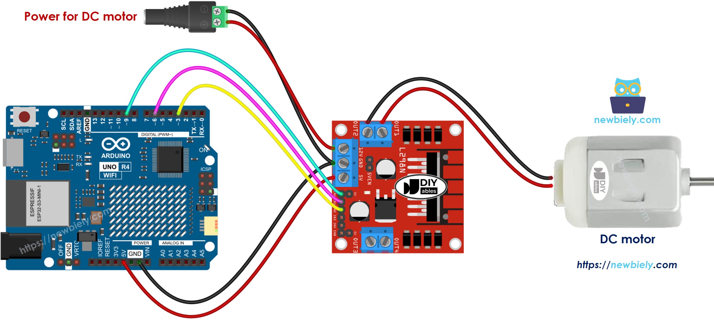 The wiring diagram between Arduino UNO R4 DC Motor L298N Driver