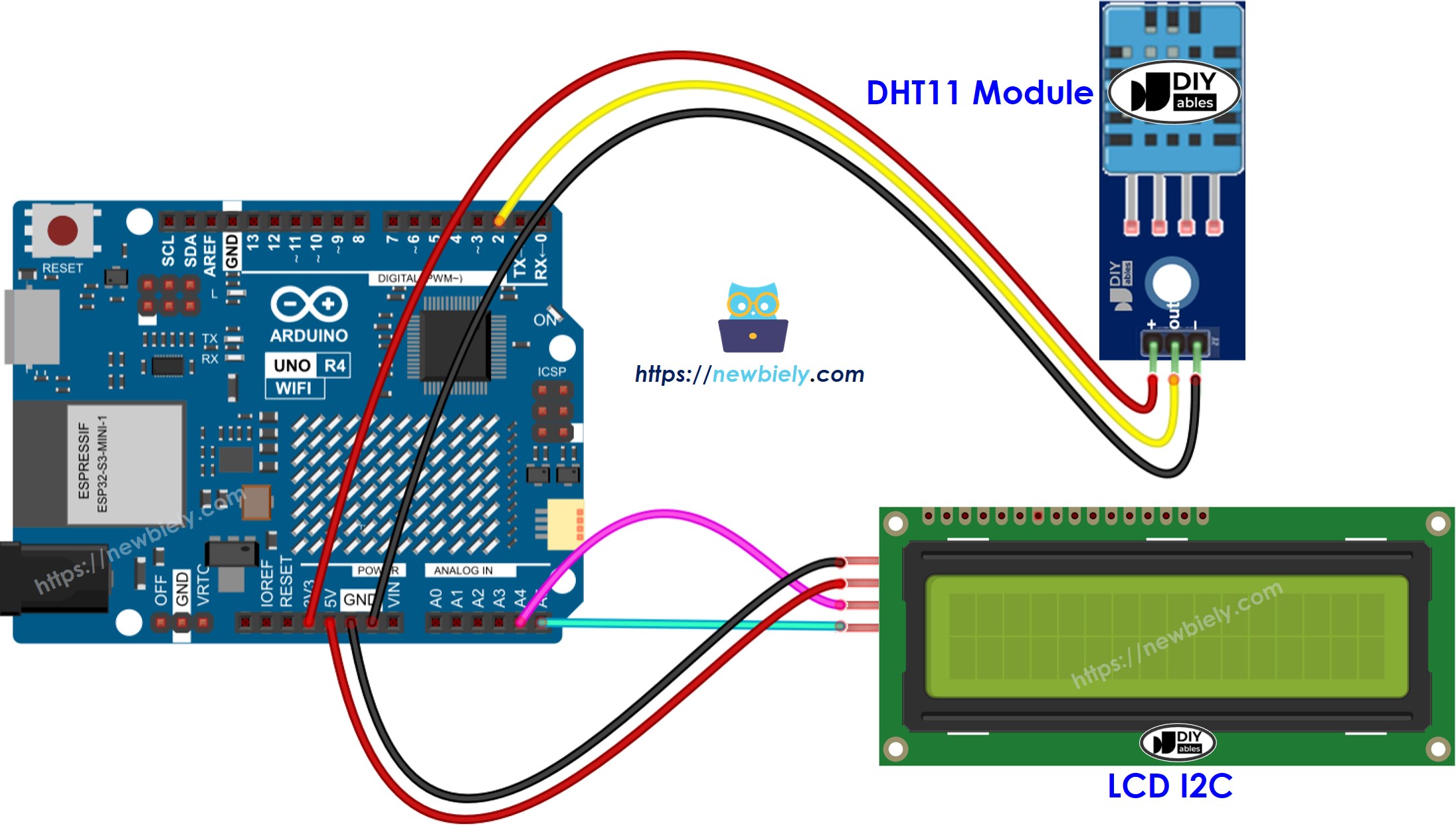 The wiring diagram between Arduino UNO R4 DHT11 LCD