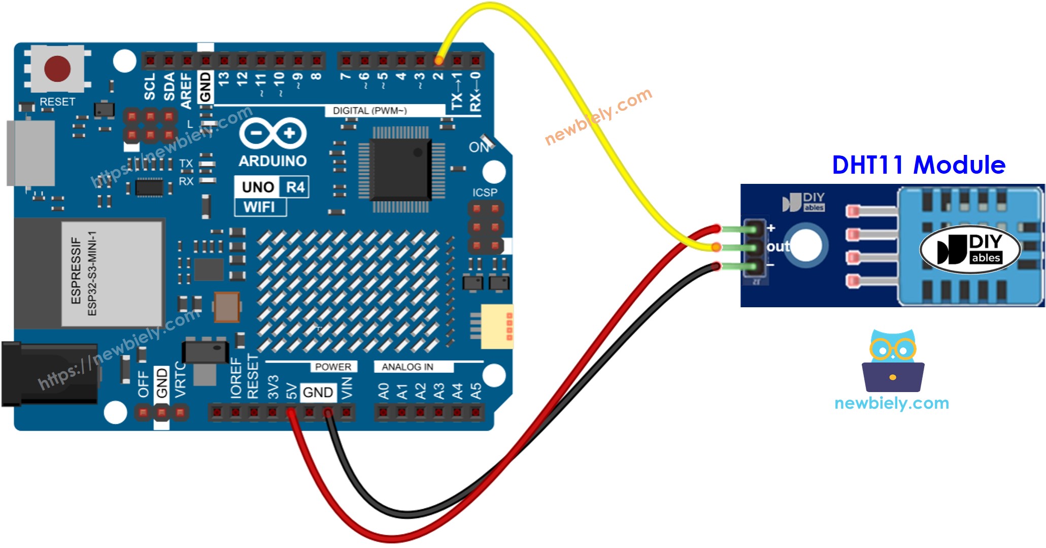 The wiring diagram between Arduino UNO R4 DHT11 Temperature and humidity Module