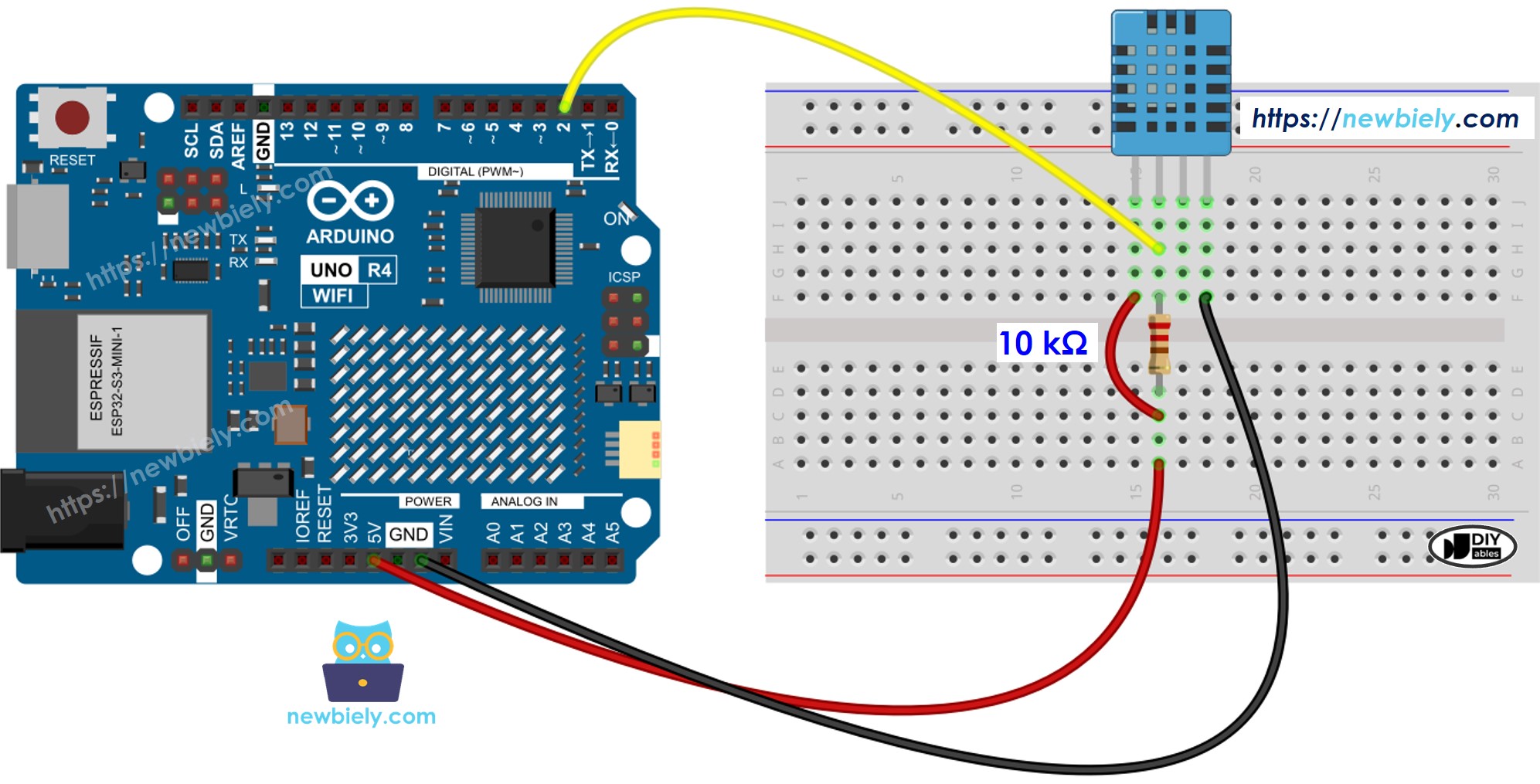 The wiring diagram between Arduino UNO R4 DHT11 Temperature and humidity Sensor
