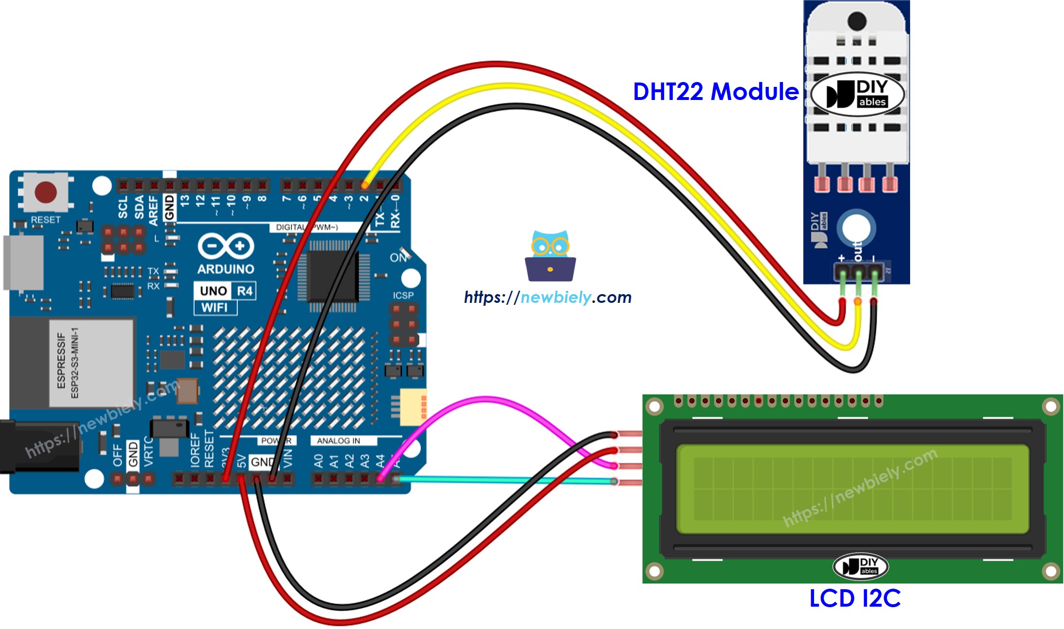 The wiring diagram between Arduino UNO R4 DHT22 LCD