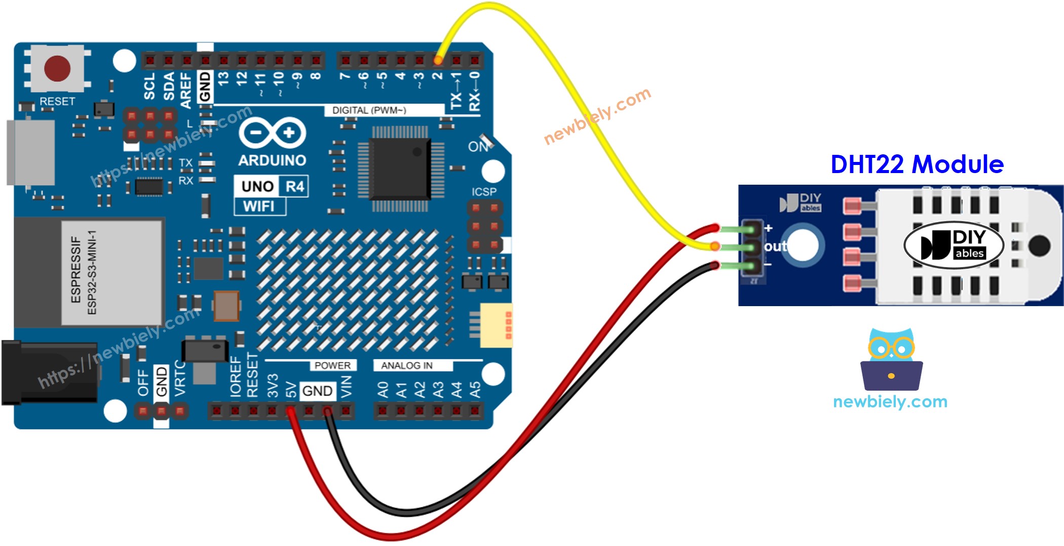 The wiring diagram between Arduino UNO R4 DHT22 Temperature and humidity Module