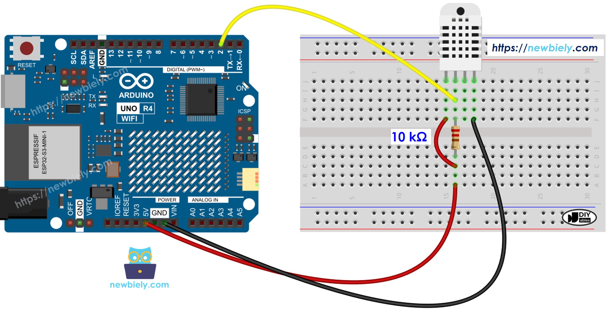 The wiring diagram between Arduino UNO R4 DHT22 Temperature and humidity Sensor