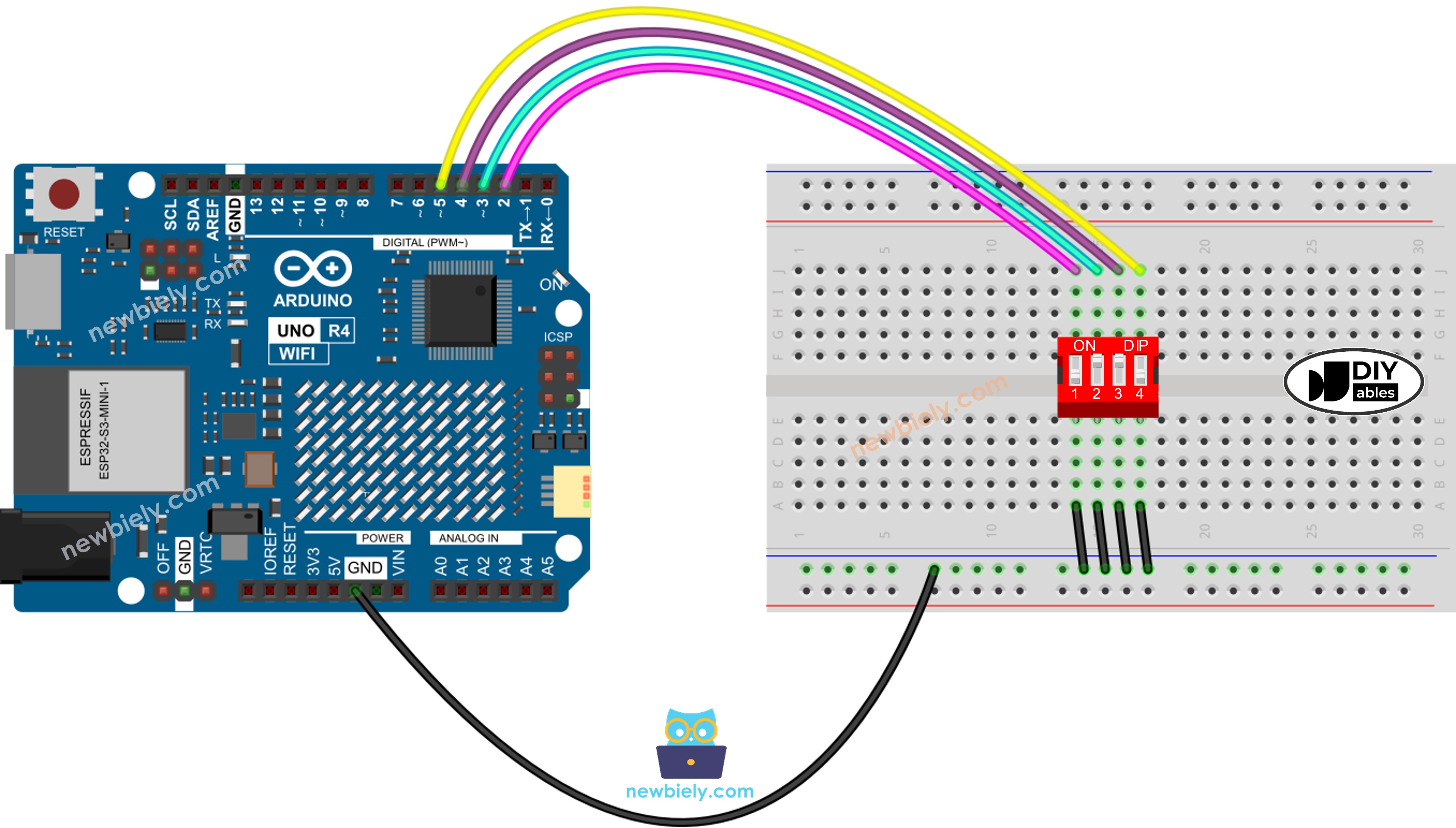 The wiring diagram between Arduino UNO R4 DIP switch