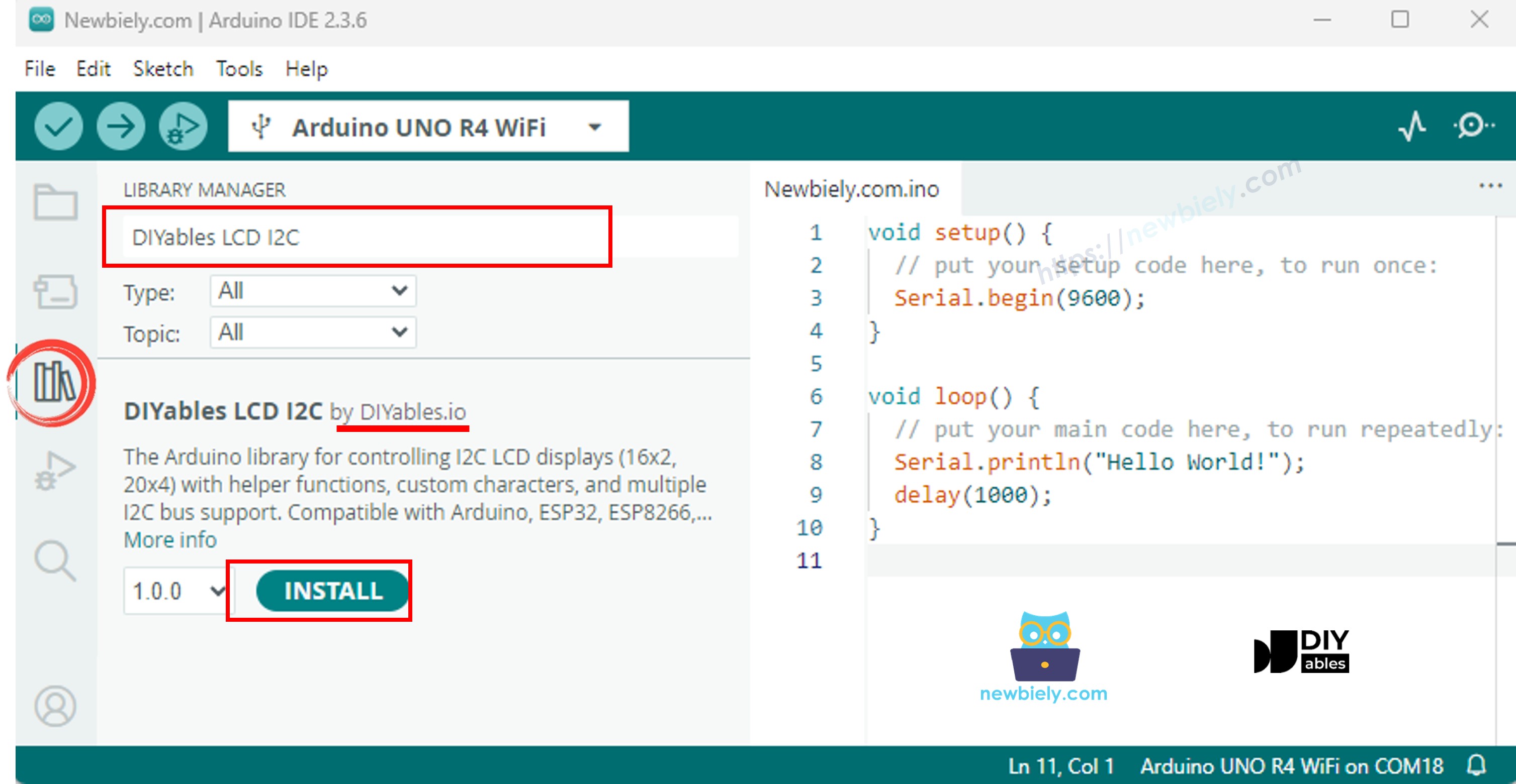 Arduino UNO R4 DIYables LCD I2C library