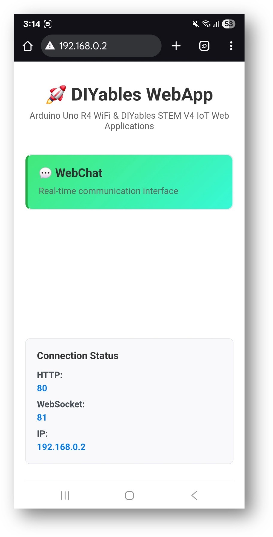 Arduino UNO R4 DIYables WebApp Home page with Web Chat app