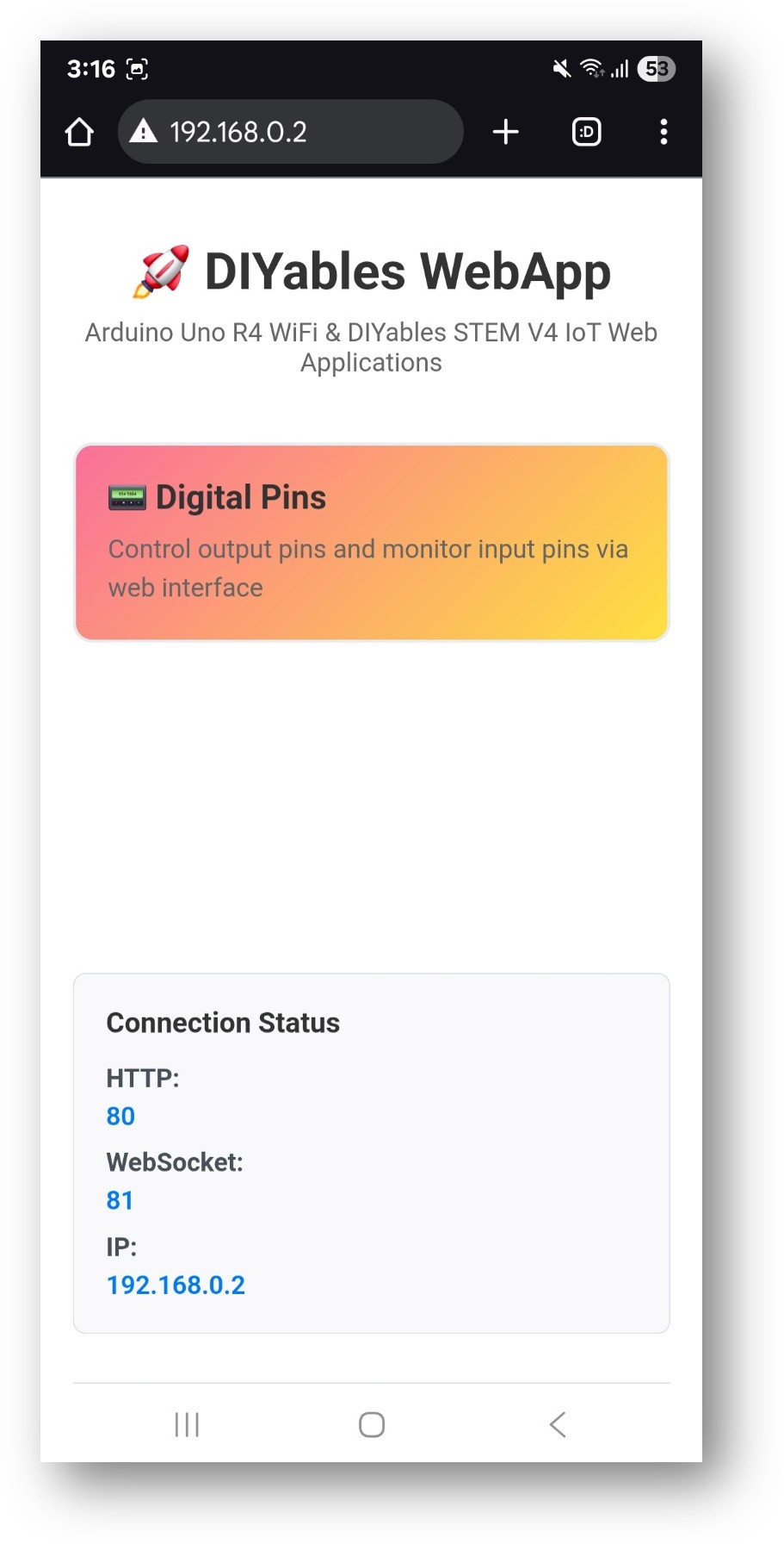 Arduino UNO R4 DIYables WebApp Home page with Web Digital Pins app