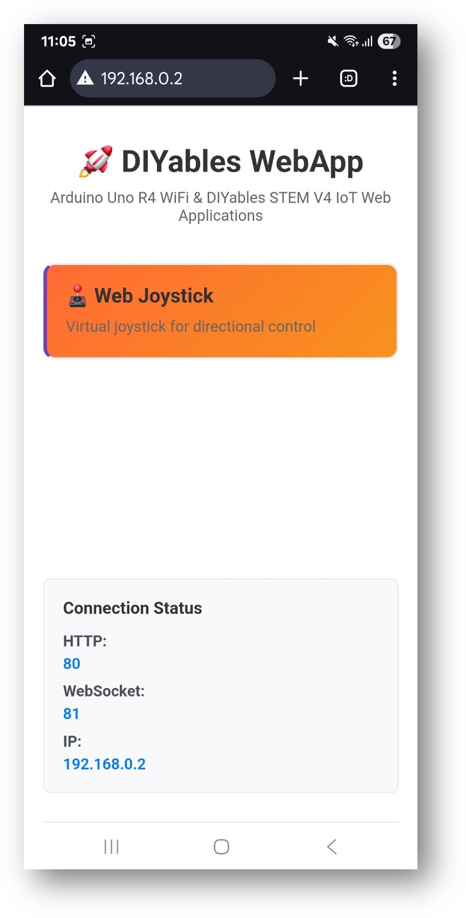 Arduino UNO R4 DIYables WebApp Home page with Web Joystick app